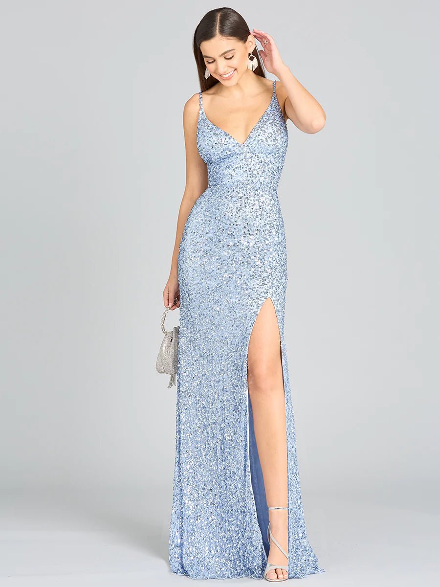 LARA 29310 - BEADED V NECK DRESS WITH SLIT 6 / Periwinkle
