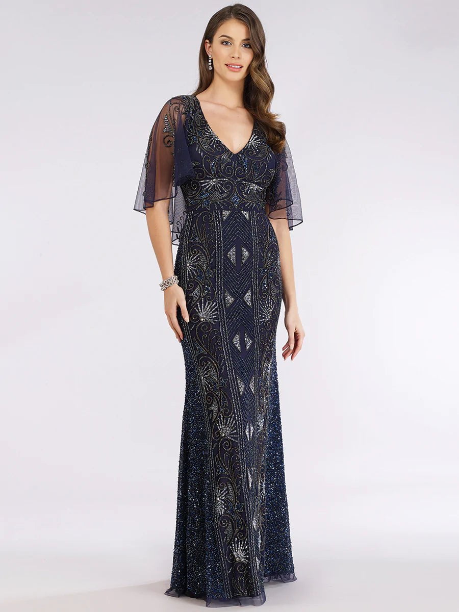Lara Design Evening Dresses LARA 29393 - CAPE SLEEVE BEADED GOWN
