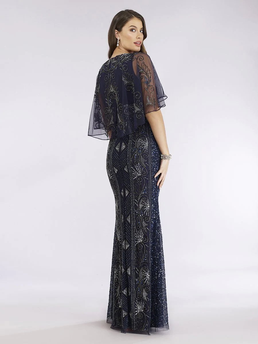 Lara Design Evening Dresses LARA 29393 - CAPE SLEEVE BEADED GOWN