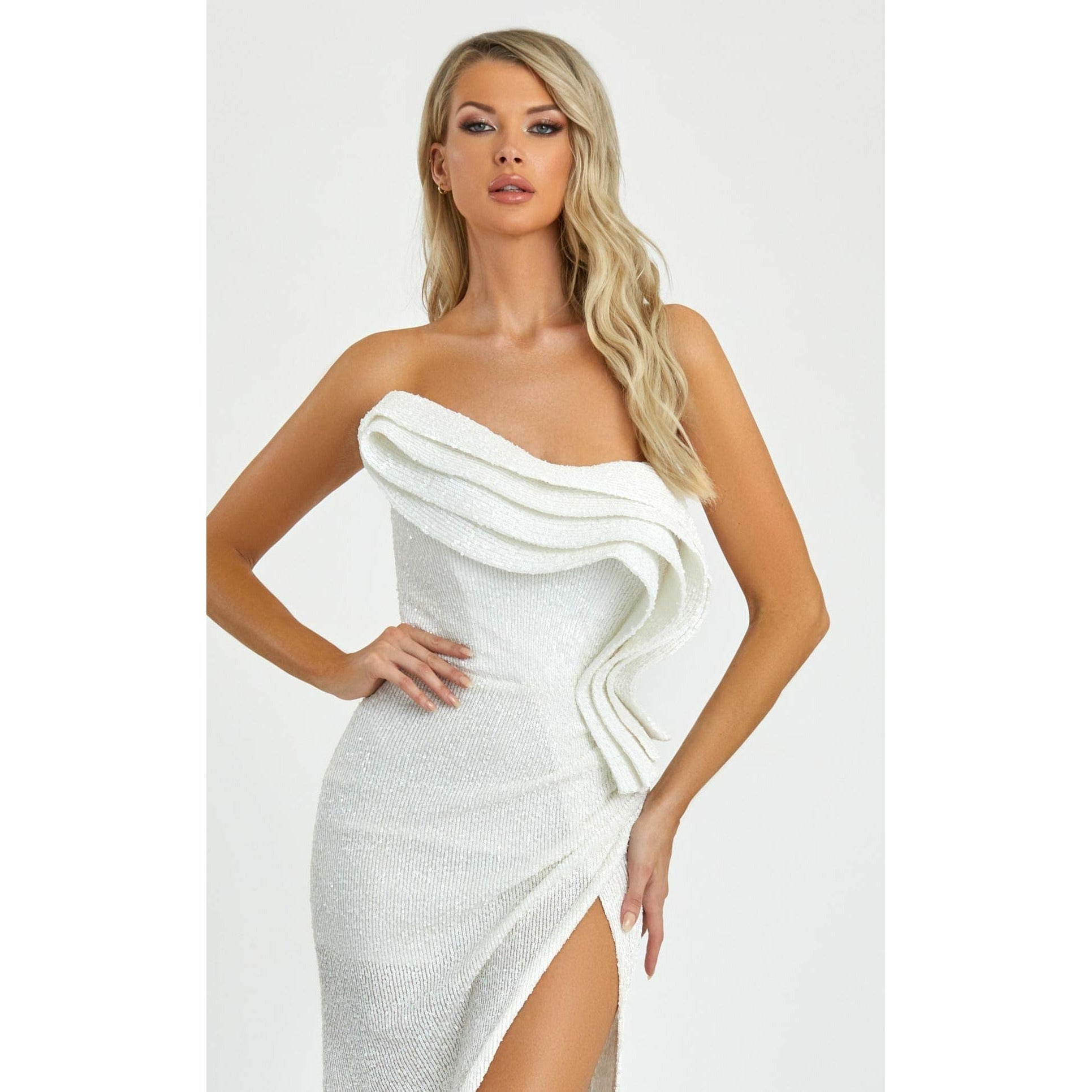 Nicole Bakti Evening Dress NICOLE BAKTI 7038 Strapless Tiered Cascade High Slit Gown
