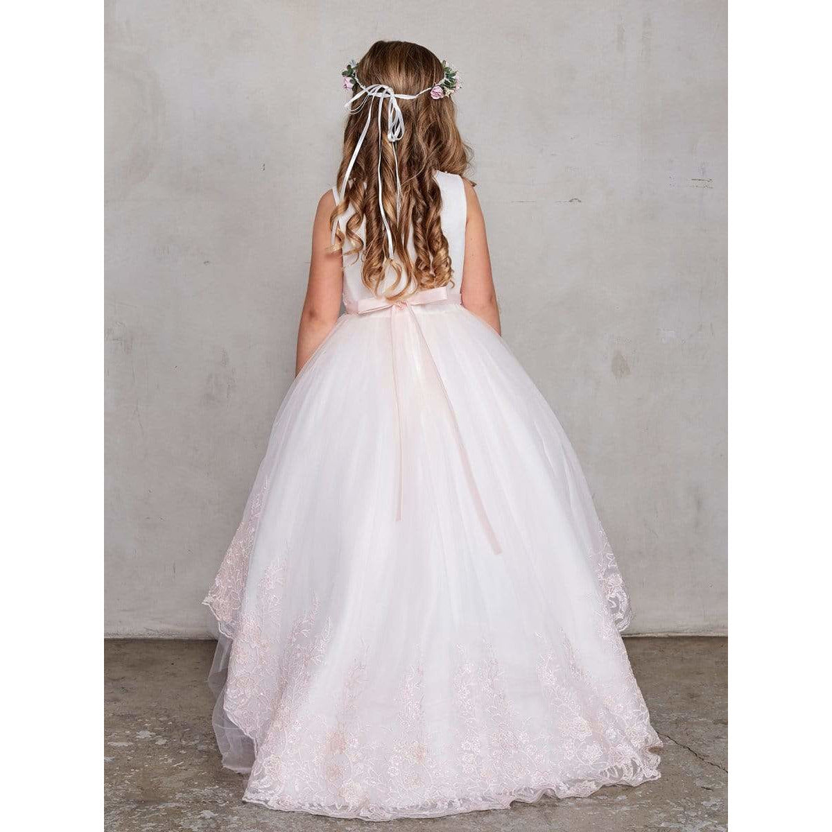 NorasBridalBoutiqueNY flower girl dress Flower Girl Beautiful Illusion Neckline with Lace Applique Bodice