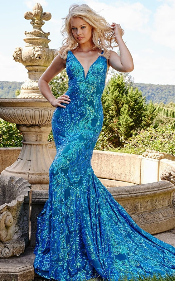 NorasBridalBoutiqueNY Jovani 08646 Iridescent Royal Plunging Neck Fitted Prom Dress