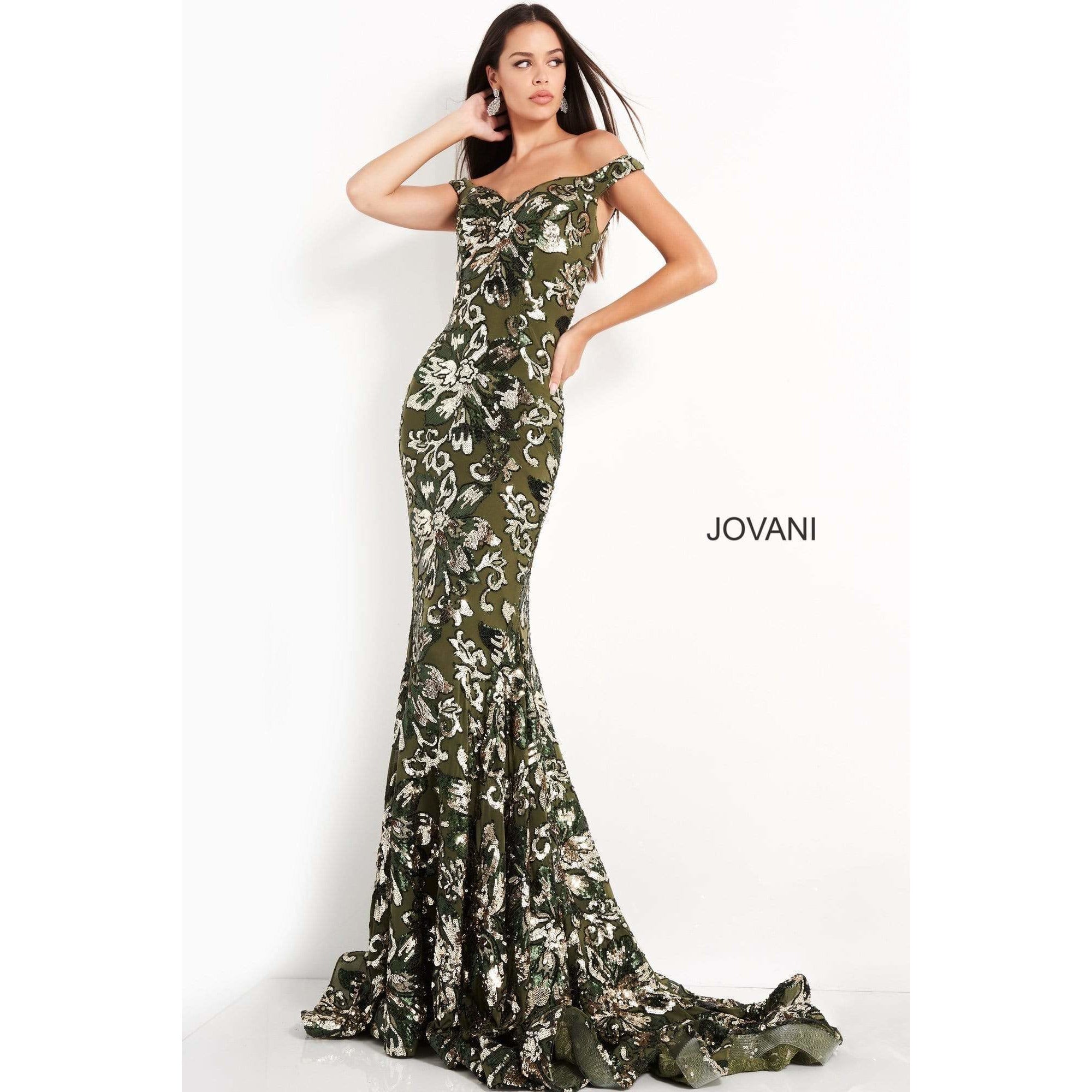 NorasBridalBoutiqueNY Jovani 63516 Sequined Off Shoulder Floral Mermaid Gown