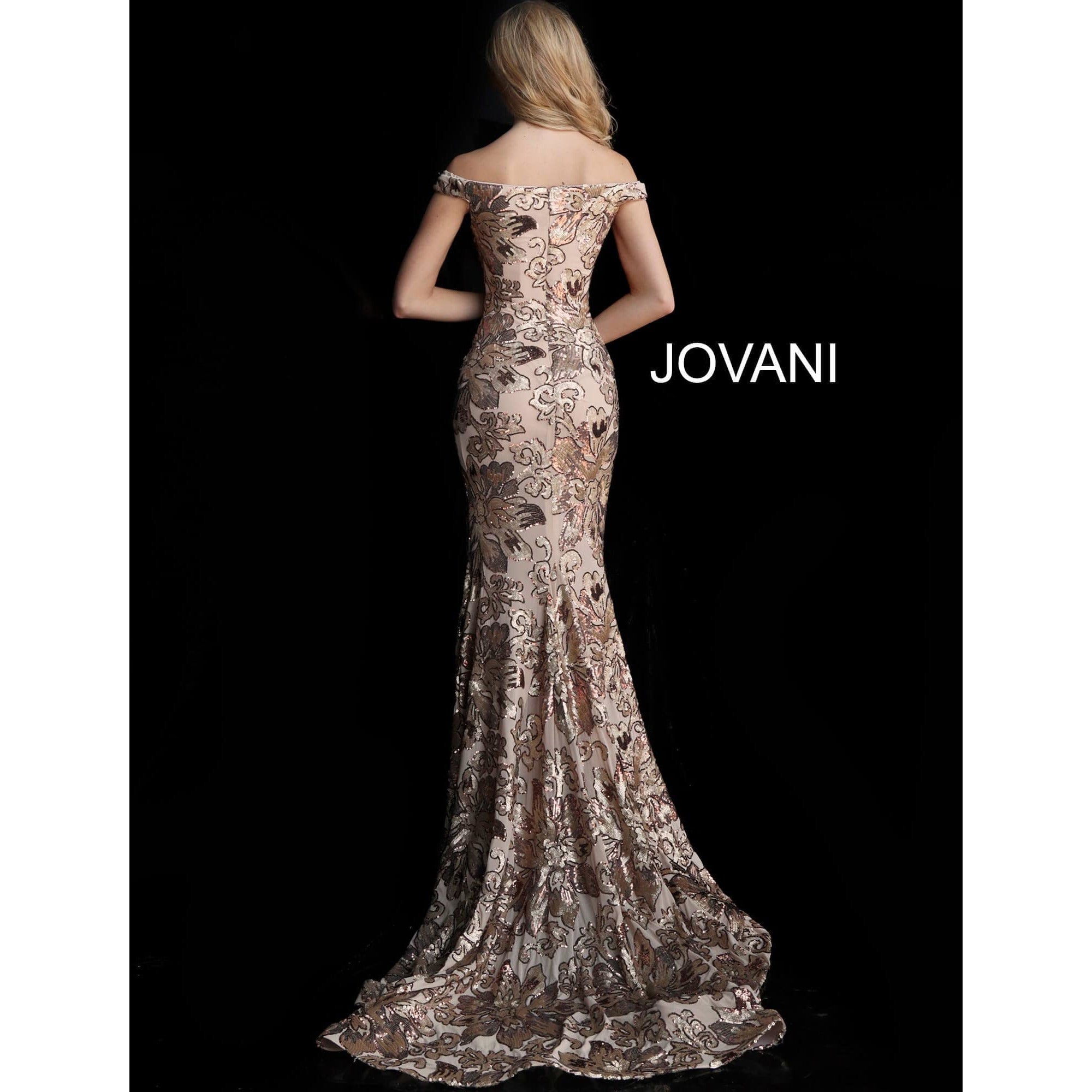 NorasBridalBoutiqueNY Jovani 63516 Sequined Off Shoulder Floral Mermaid Gown