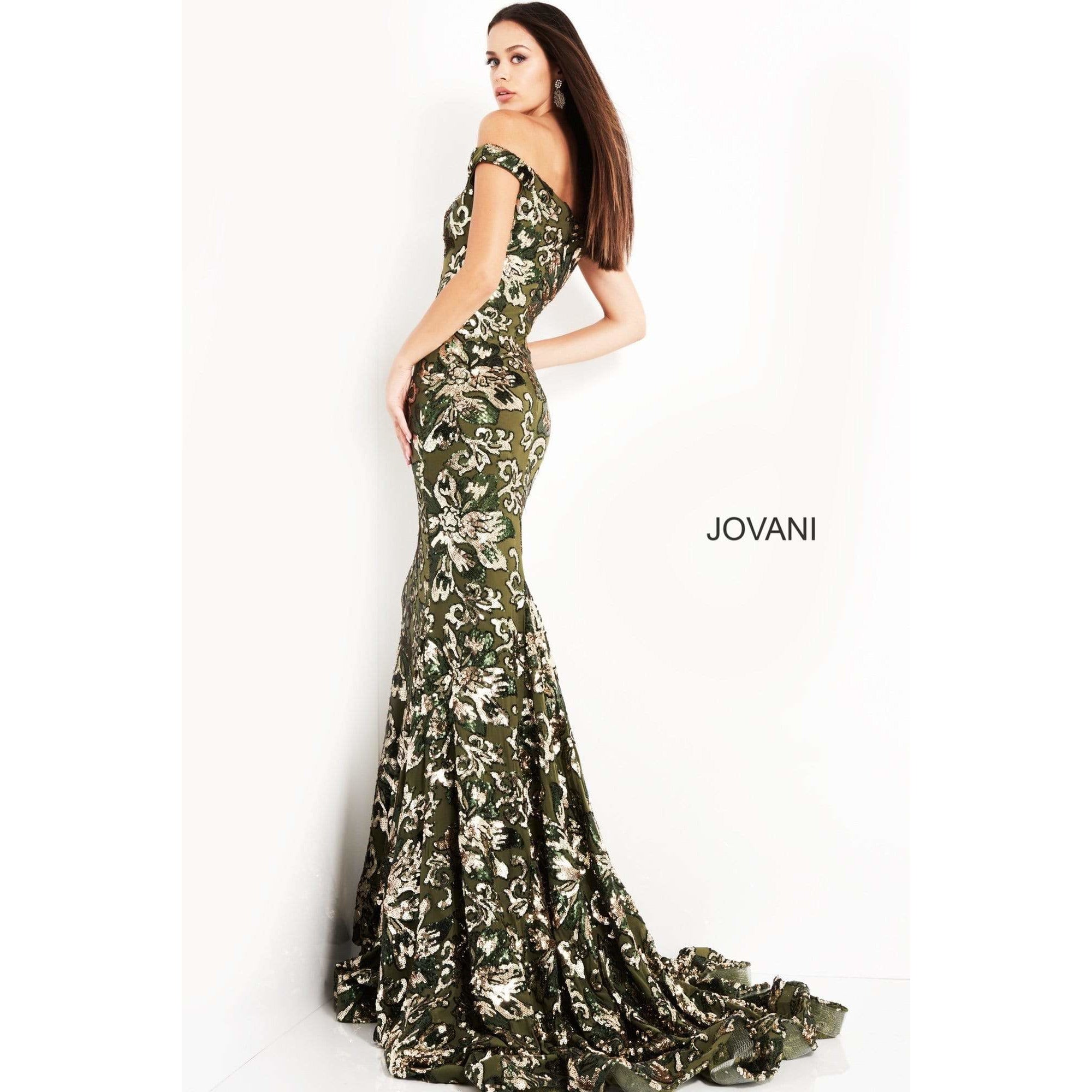 NorasBridalBoutiqueNY Jovani 63516 Sequined Off Shoulder Floral Mermaid Gown