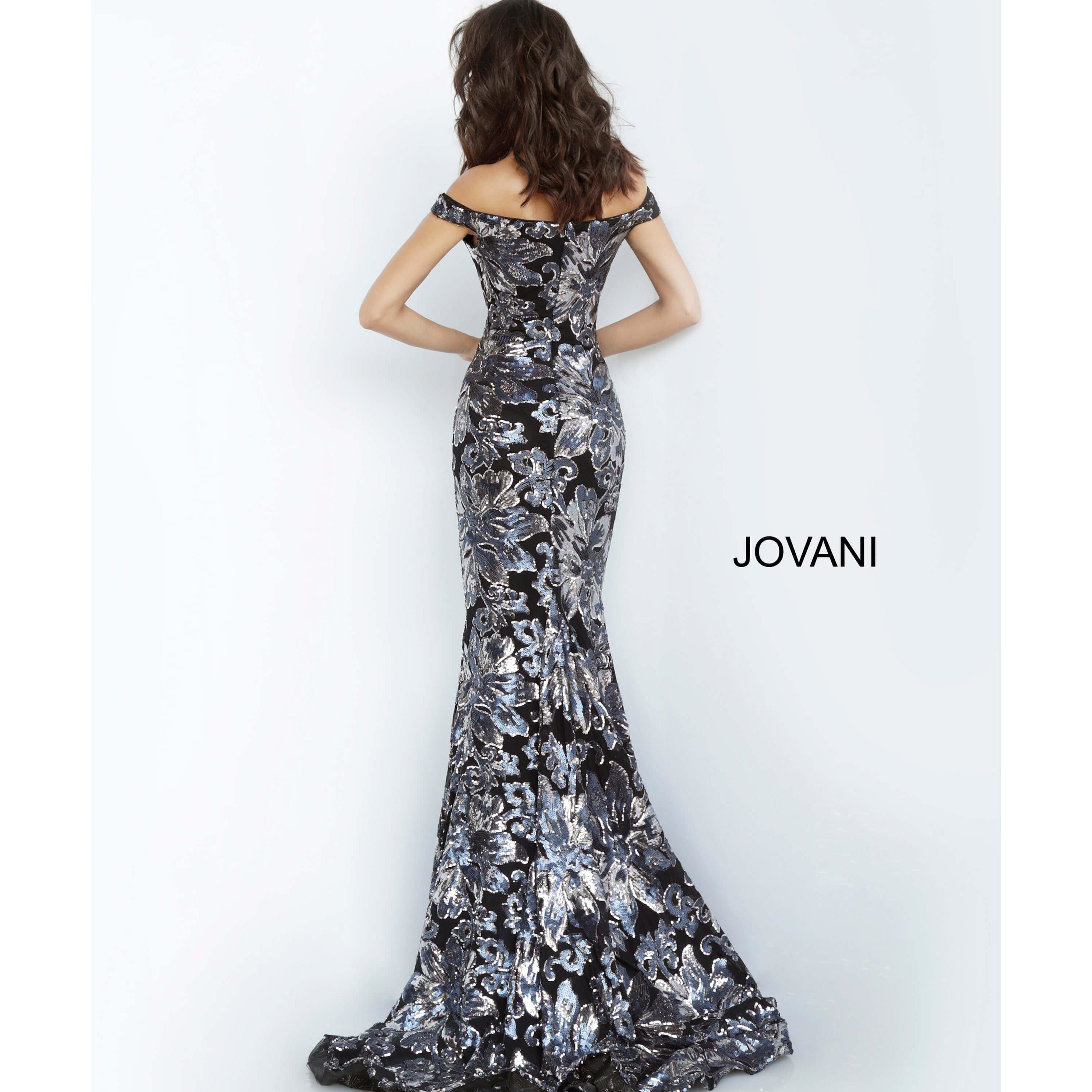 NorasBridalBoutiqueNY Jovani 63516 Sequined Off Shoulder Floral Mermaid Gown