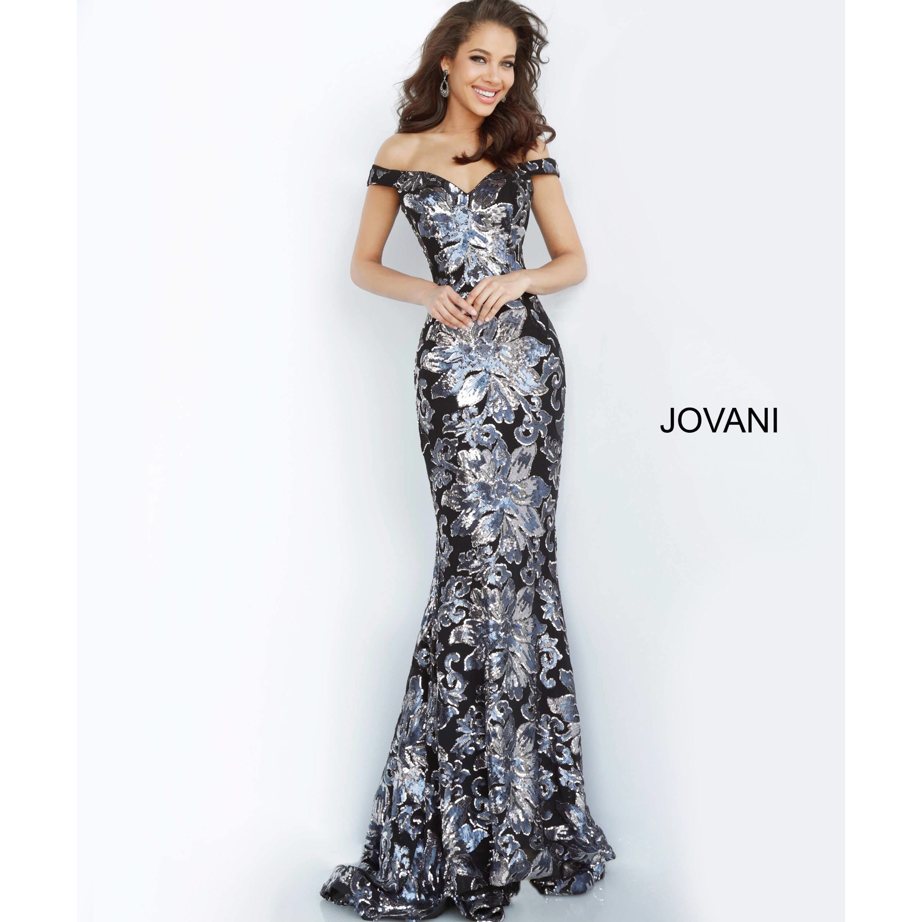 NorasBridalBoutiqueNY Jovani 63516 Sequined Off Shoulder Floral Mermaid Gown