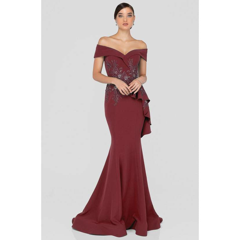 Terani Couture Evening Gown Terani Couture 1911M9339 Off Shoulder Side Drape Peplum Mermaid Gown