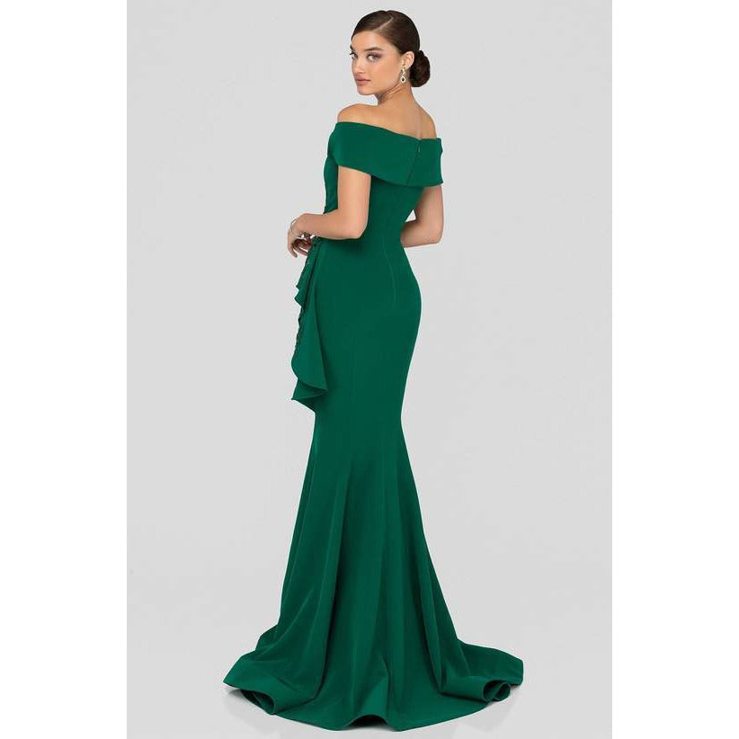 Terani Couture Evening Gown Terani Couture 1911M9339 Off Shoulder Side Drape Peplum Mermaid Gown