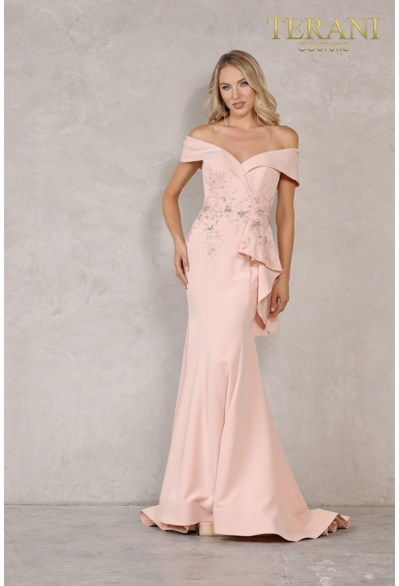 Terani Couture Evening Gown Terani Couture 1911M9339 Off Shoulder Side Drape Peplum Mermaid Gown
