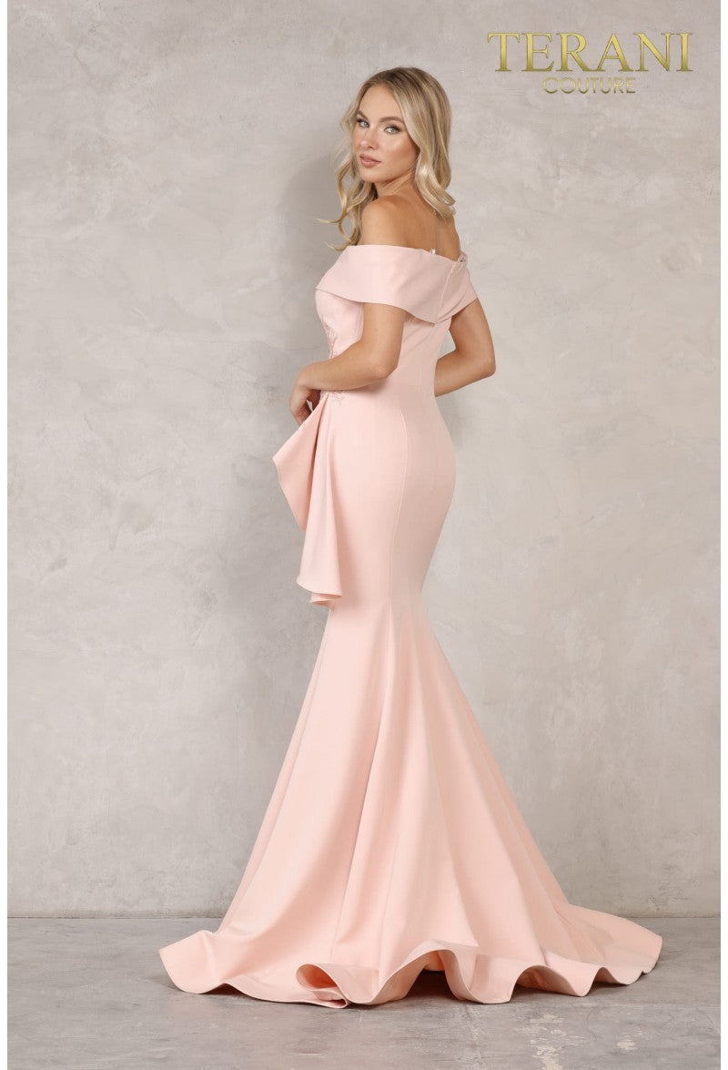 Terani Couture Evening Gown Terani Couture 1911M9339 Off Shoulder Side Drape Peplum Mermaid Gown