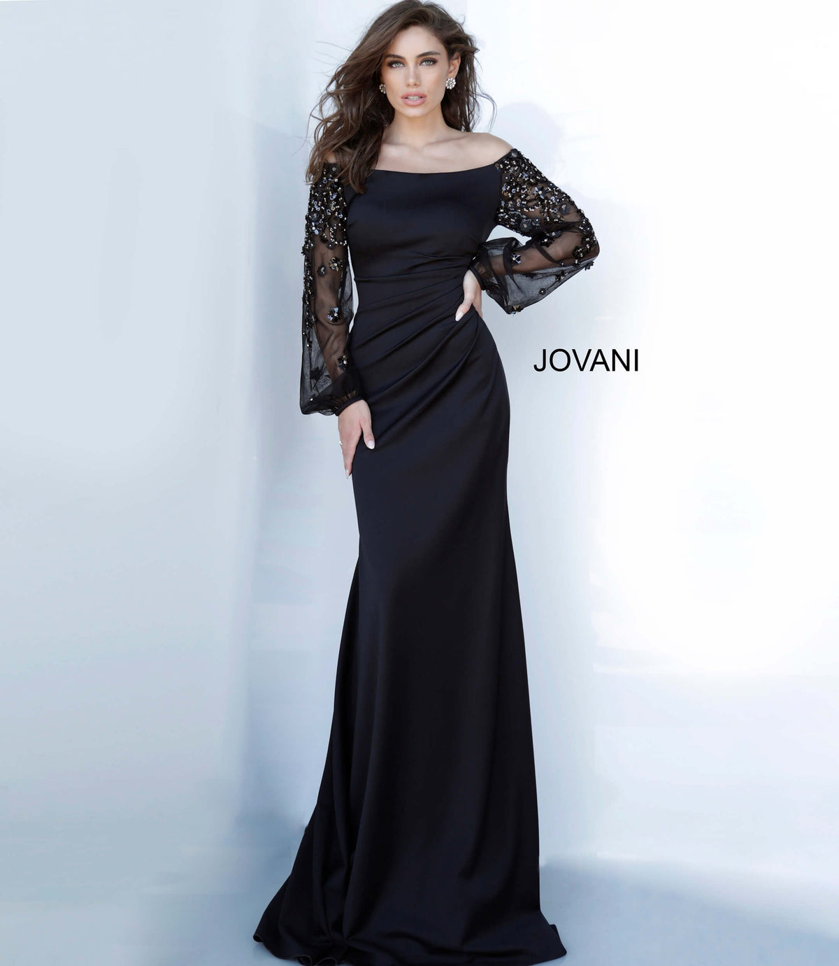 Jovani 1156 Black Long Sleeve Off Shoulder Evening Gown