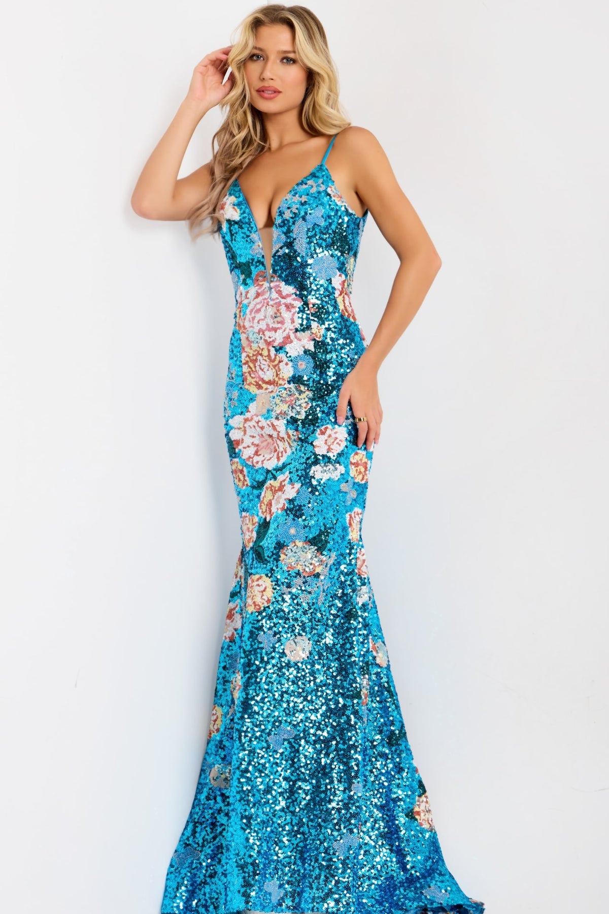 Jovani 48637 Sequin Floral V Neck Fitted Mermaid Gown