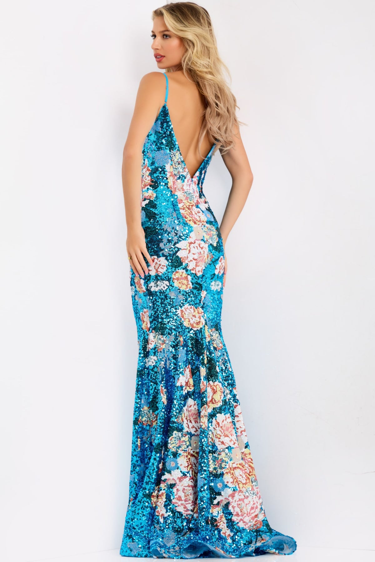 Jovani 48637 Sequin Floral V Neck Fitted Mermaid Gown
