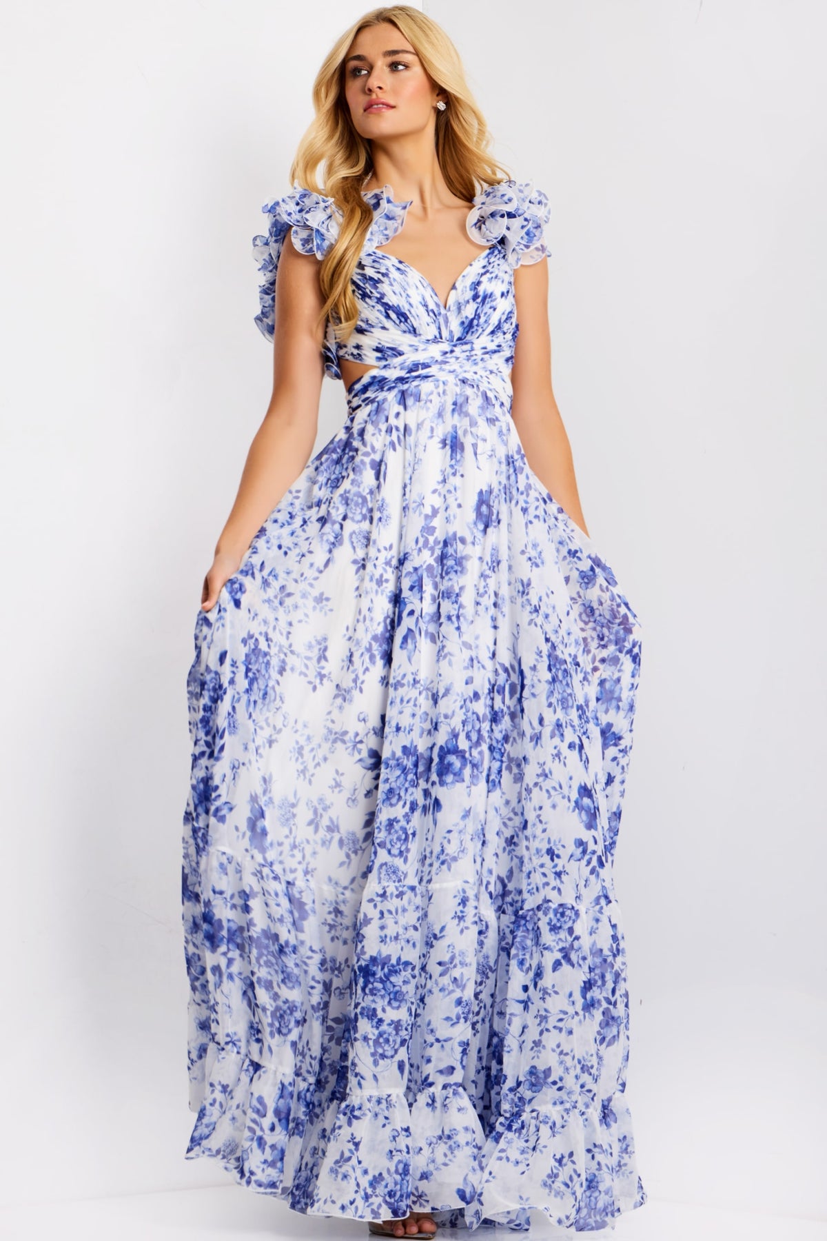Jovani 49143 Ruffle Shoulder Floral A Line Gown With Cutouts