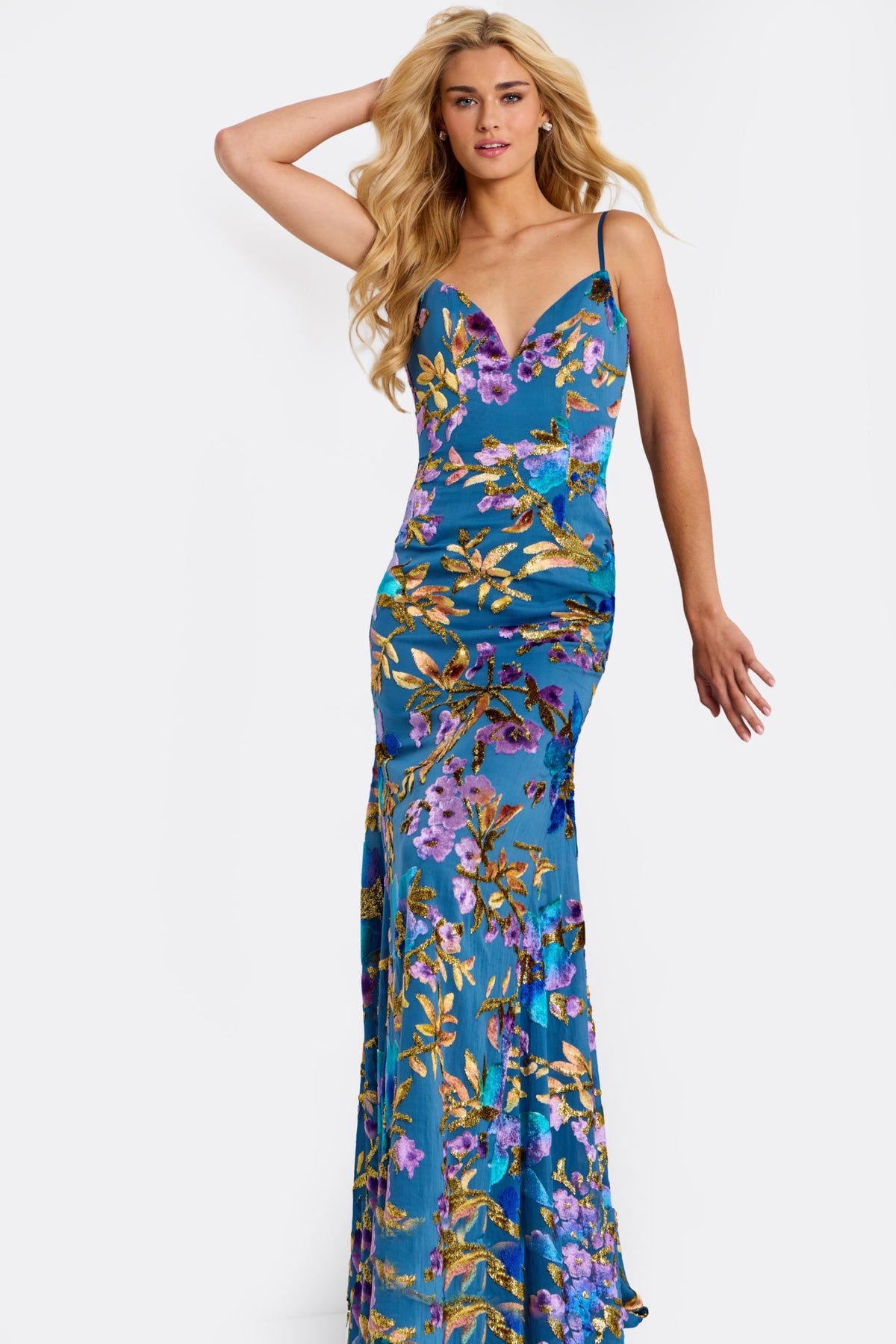 Jovani 47655 Floral Sequin V Neck Fitted Gown