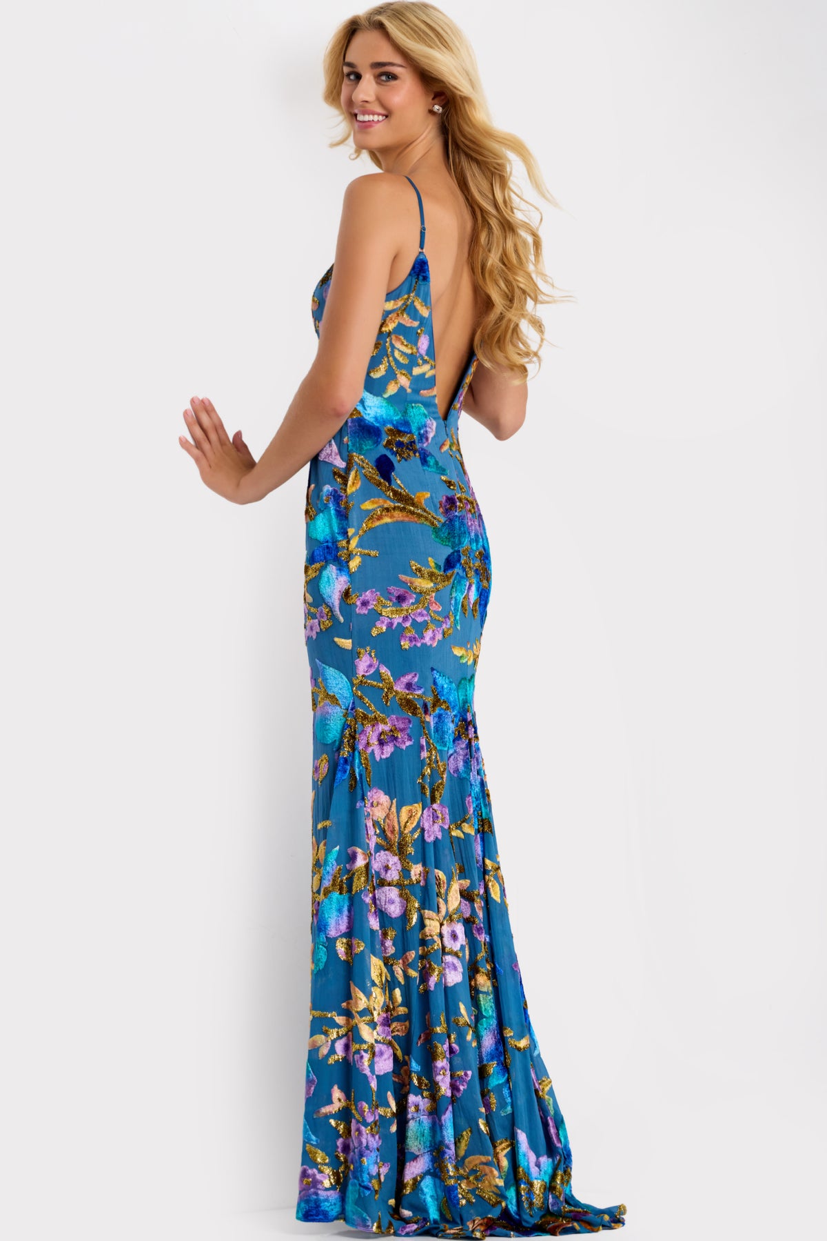 Jovani 47655 Floral Sequin V Neck Fitted Gown