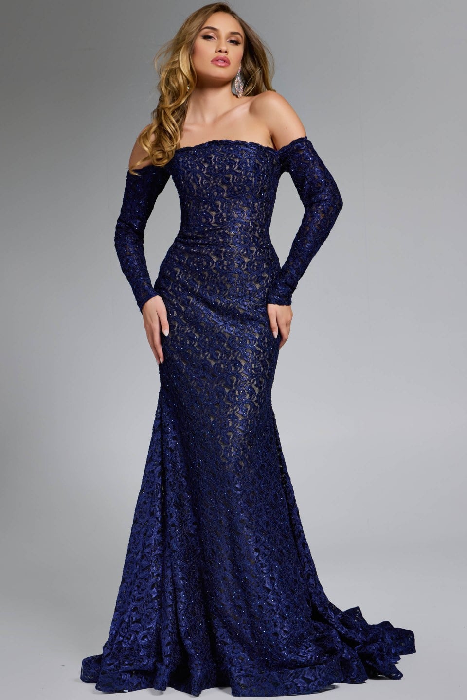 Jovani 23084 Off-Shoulder Lace Gown With Long Sleeves