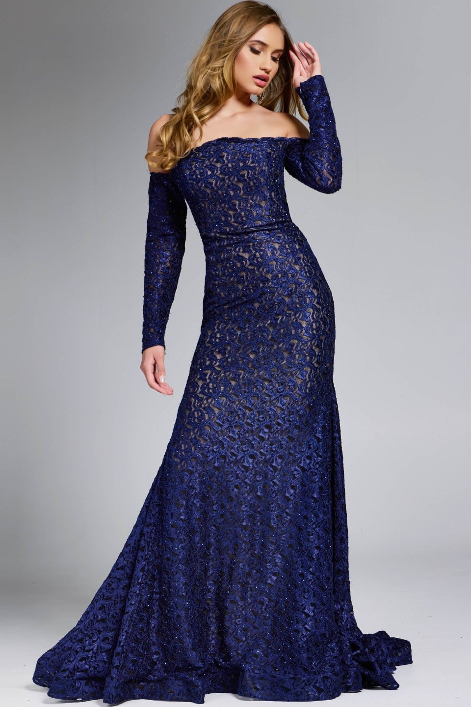 Jovani 23084 Off-Shoulder Lace Gown With Long Sleeves