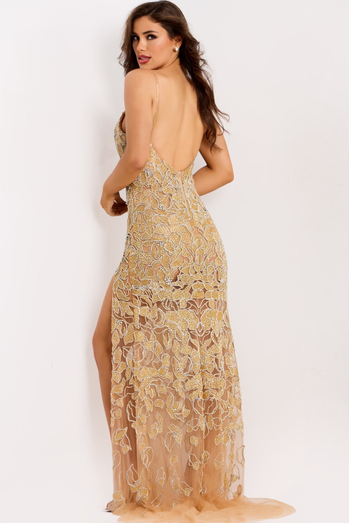 Jovani 48509 Embellished Deep V Prom Dress With Slit