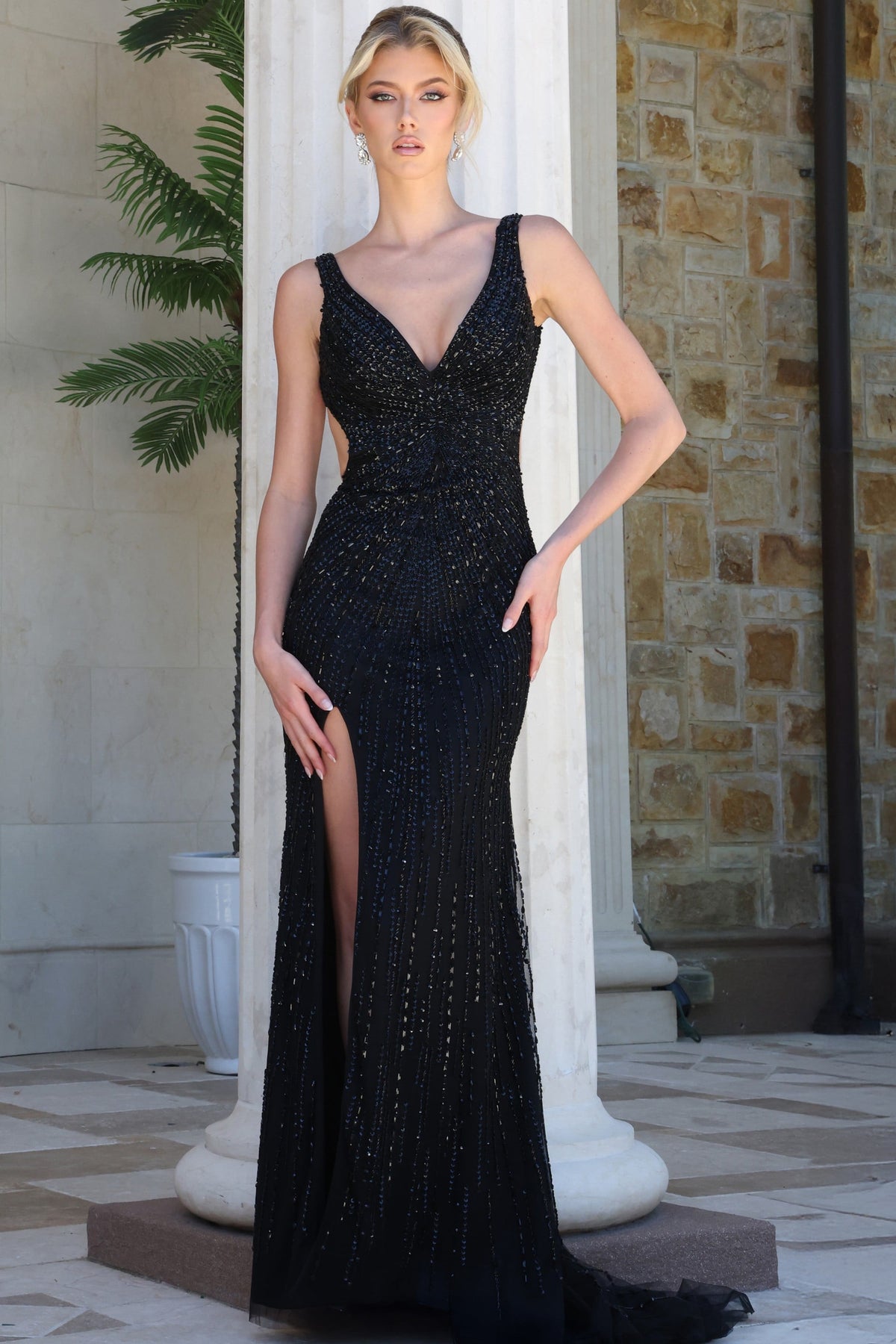 Jovani 37081 Beaded Black Gown With Plunging Neckline And Slit