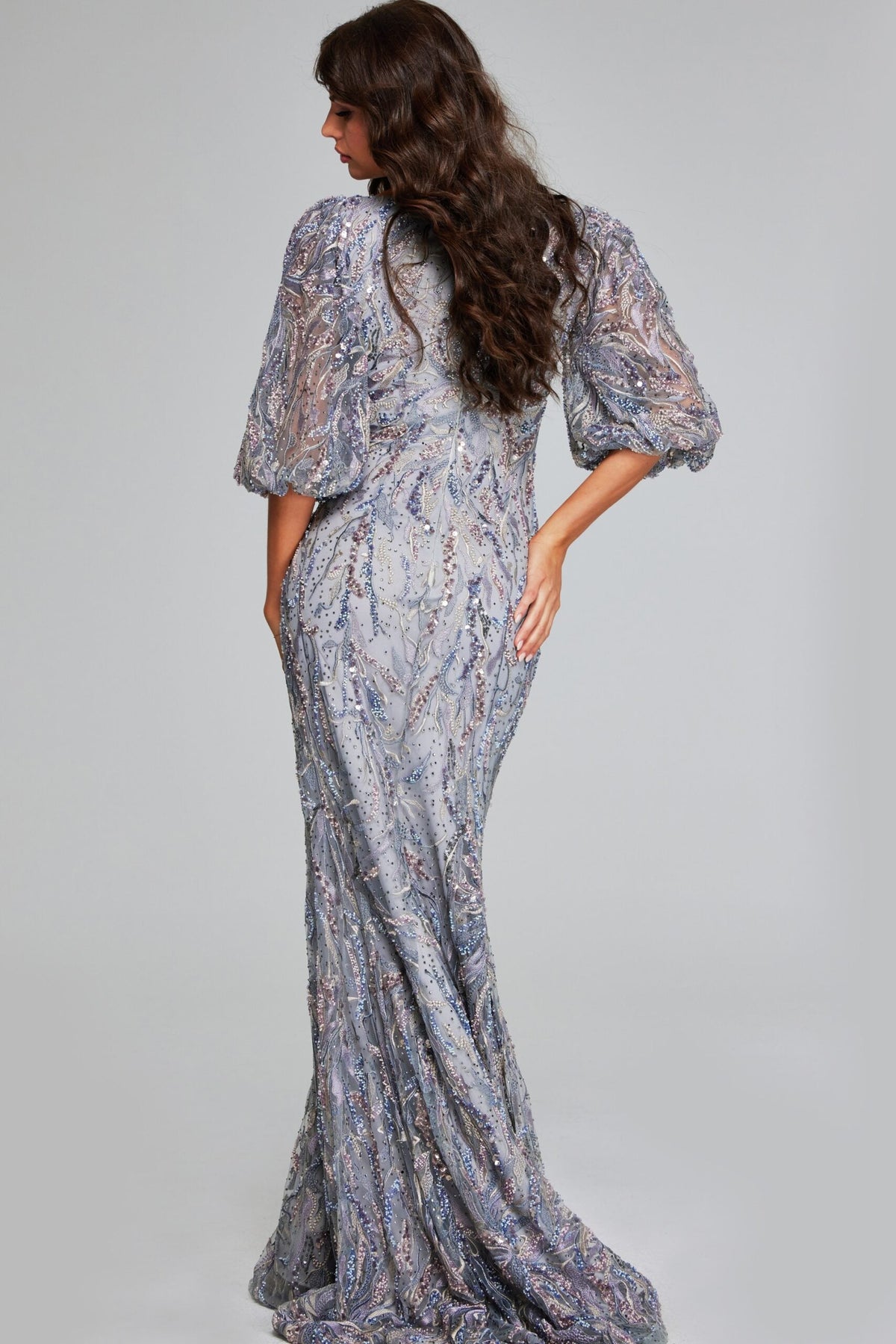 Jovani 38110 Grey Sequin Gown With Puff Sleeves