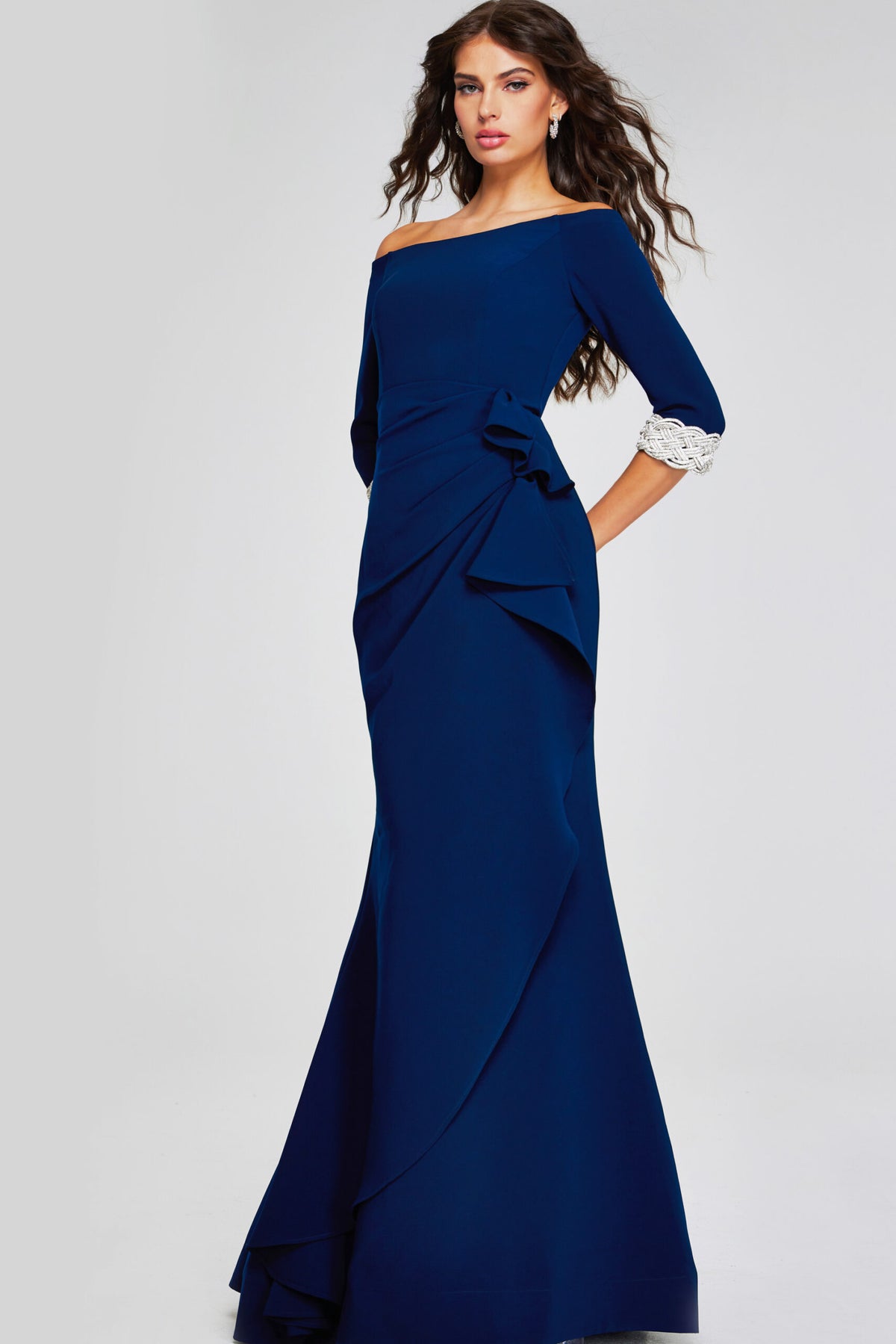 Jovani 42409 Navy Off-Shoulder Gown With Beaded Cuffs