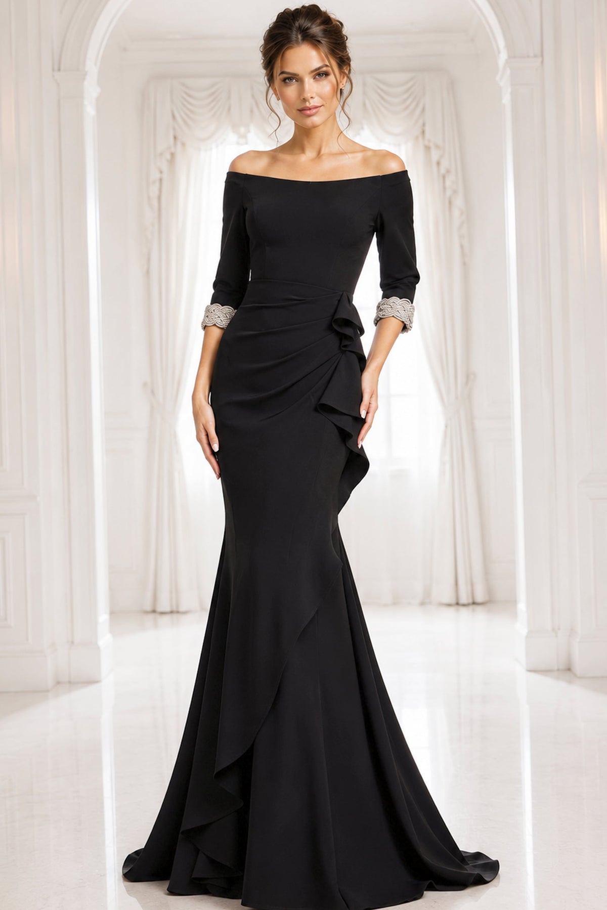 Jovani 42409 Navy Off-Shoulder Gown With Beaded Cuffs