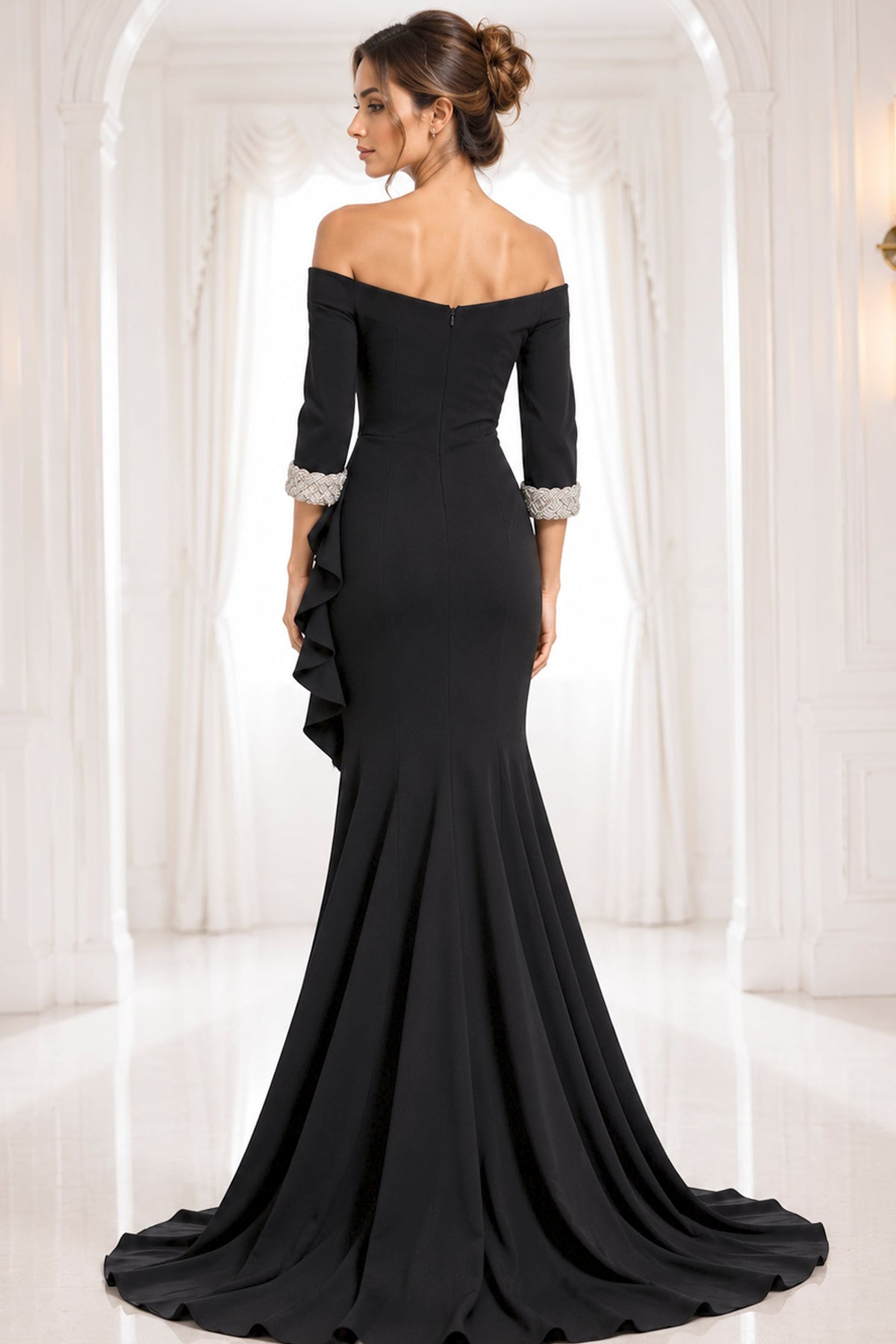 Jovani 42409 Navy Off-Shoulder Gown With Beaded Cuffs