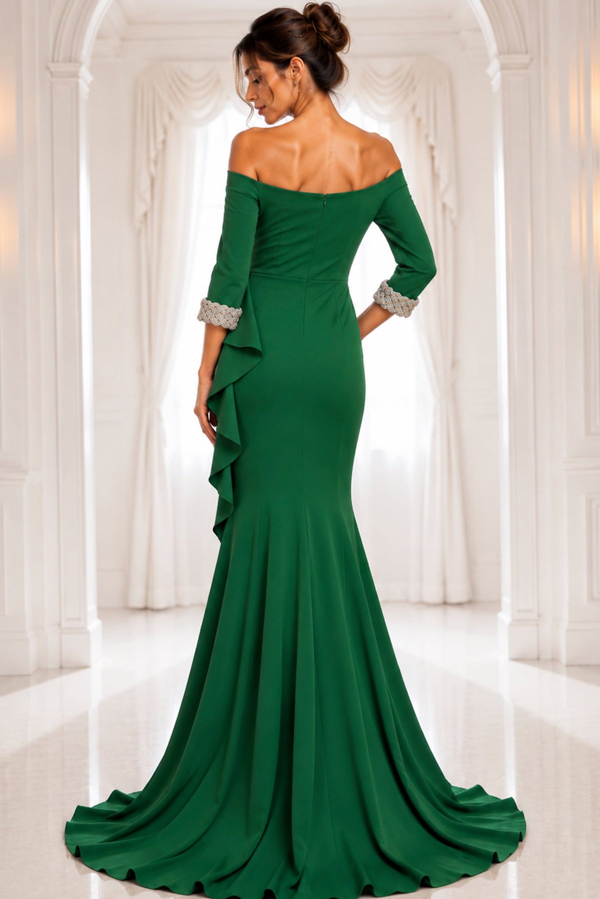 Jovani 42409 Navy Off-Shoulder Gown With Beaded Cuffs