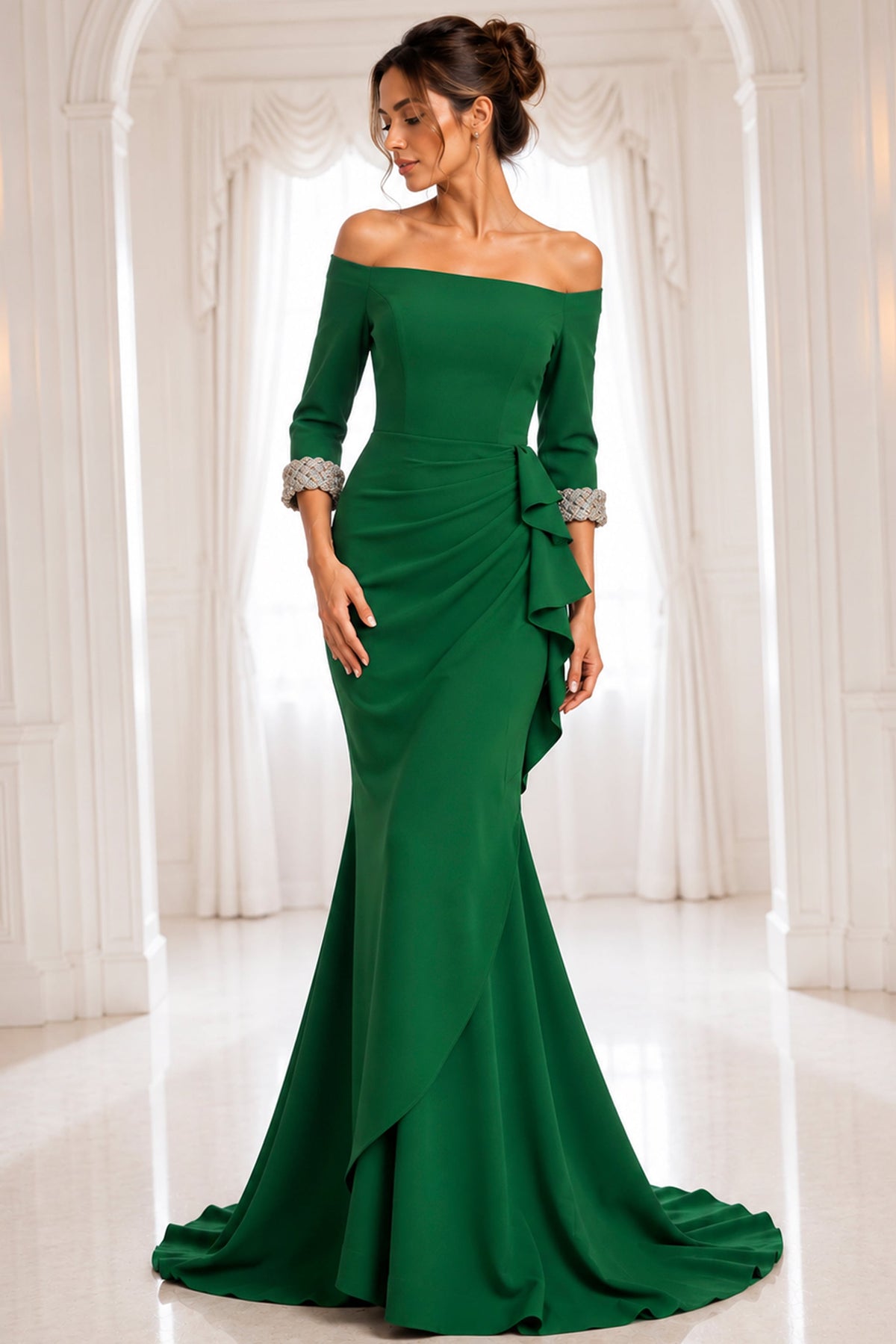Jovani 42409 Navy Off-Shoulder Gown With Beaded Cuffs