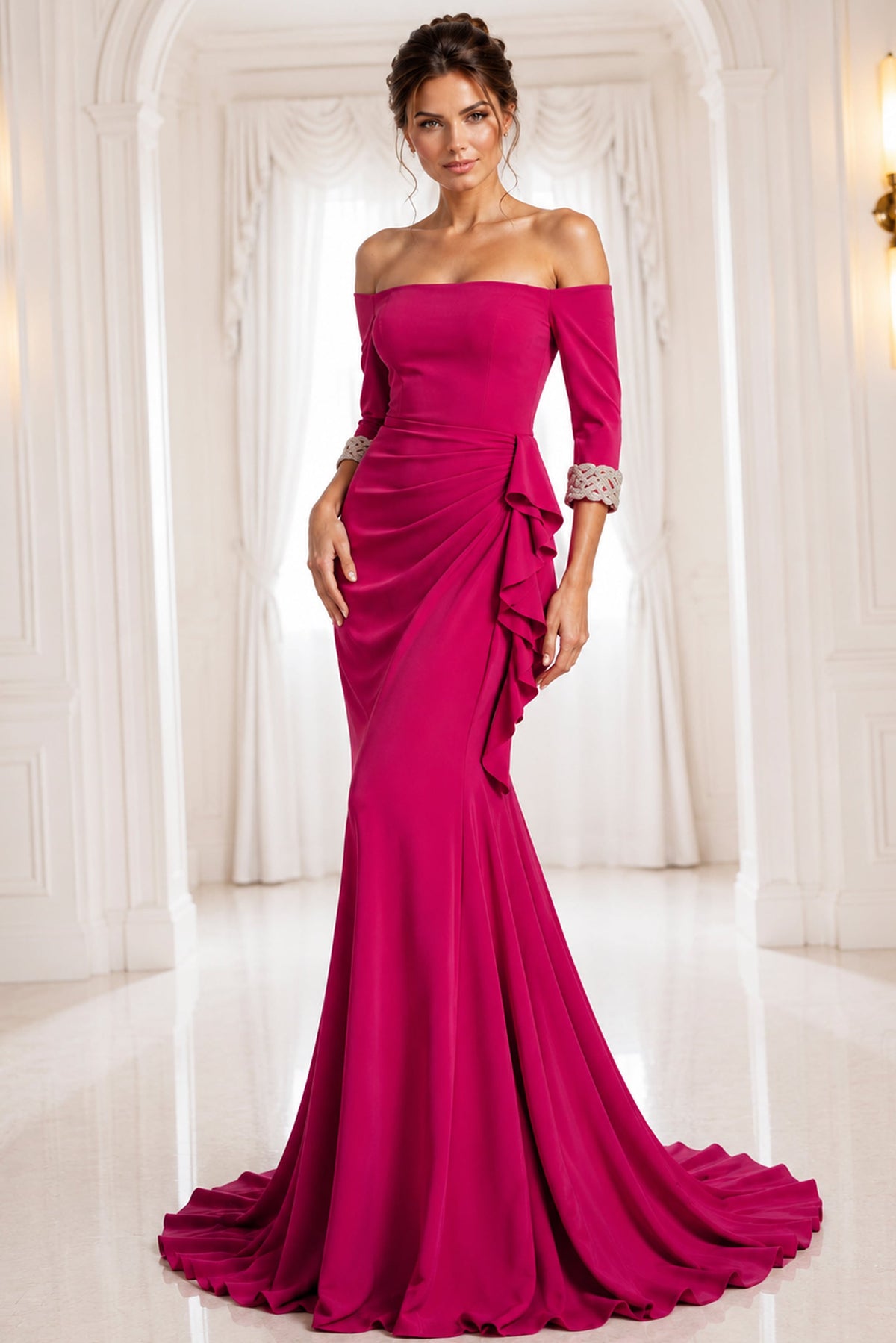 Jovani 42409 Navy Off-Shoulder Gown With Beaded Cuffs
