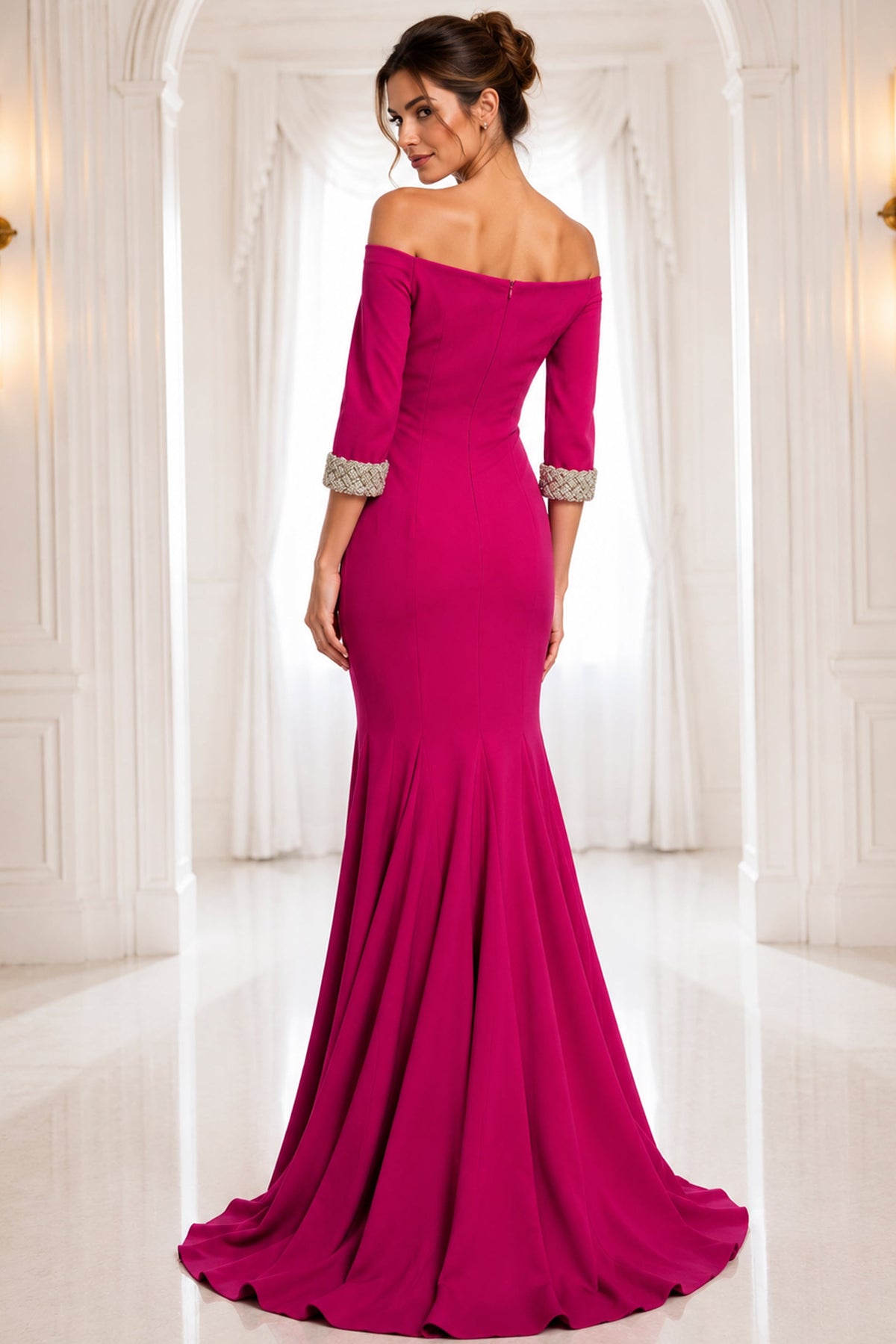 Jovani 42409 Navy Off-Shoulder Gown With Beaded Cuffs