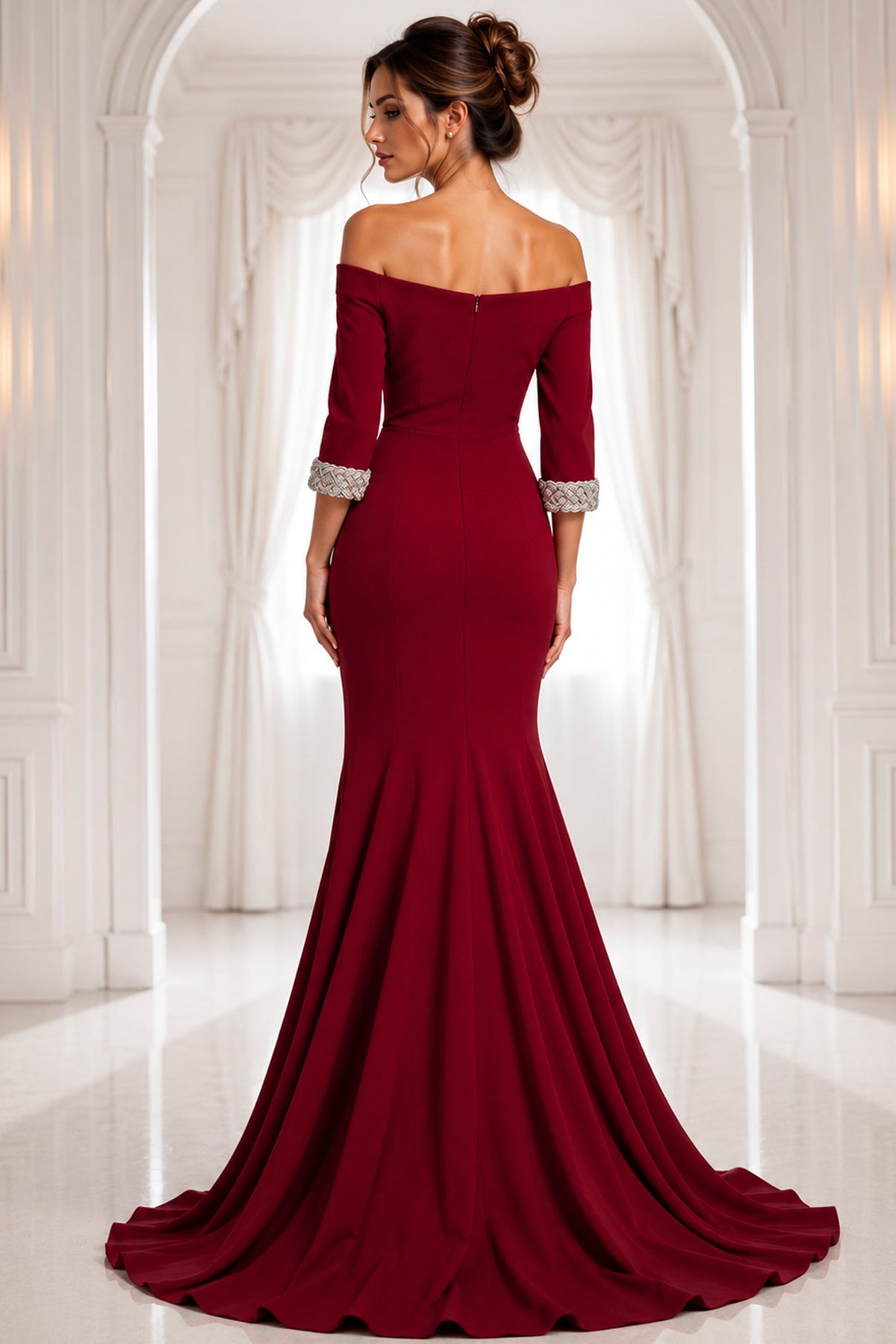 Jovani 42409 Navy Off-Shoulder Gown With Beaded Cuffs