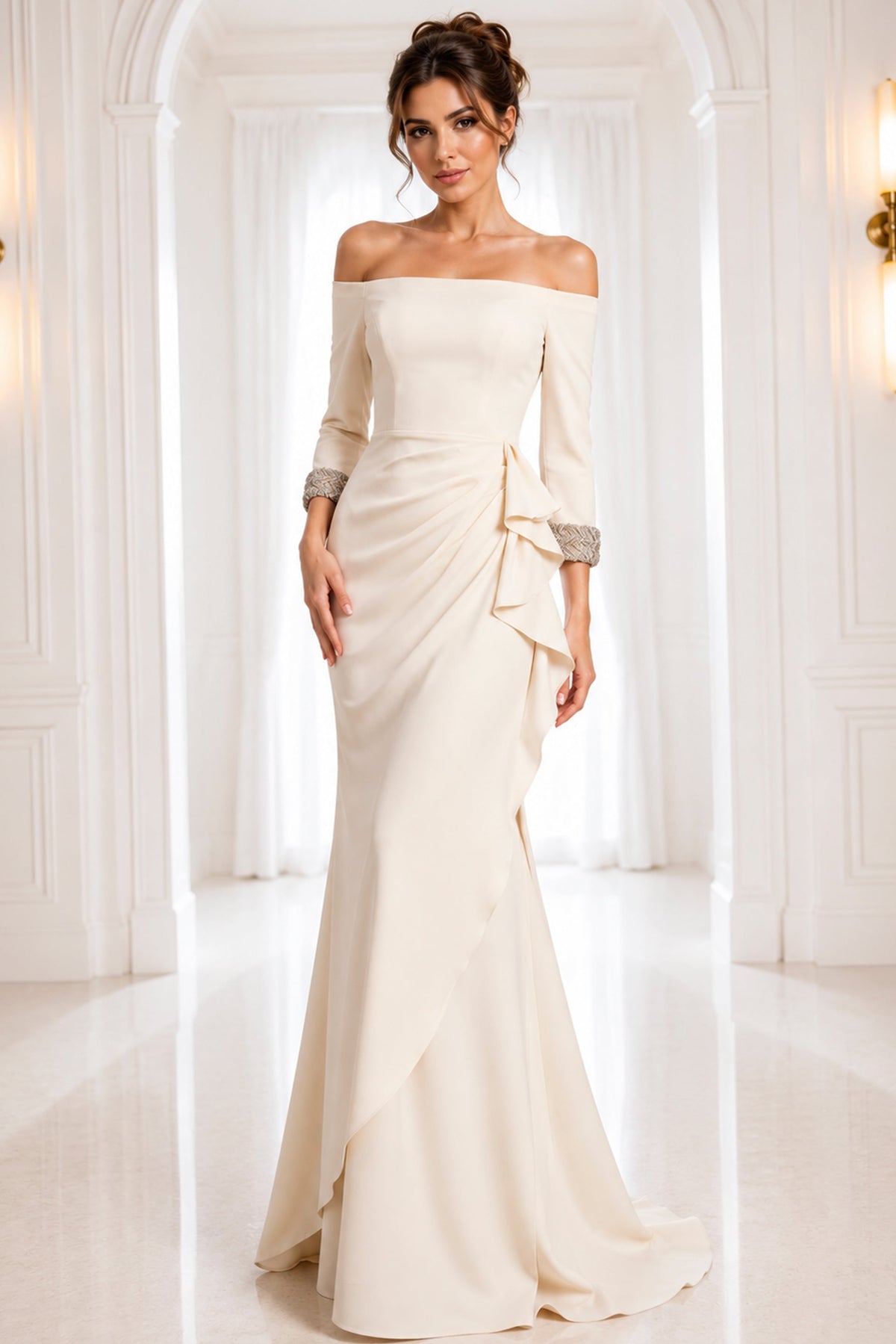 Jovani 42409 Navy Off-Shoulder Gown With Beaded Cuffs