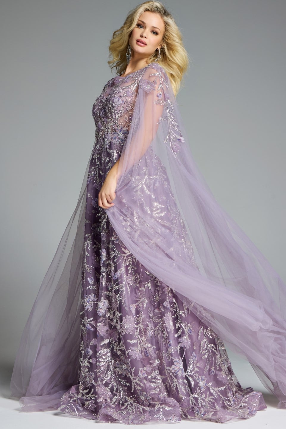 Jovani 43312 Elegant A-Line Gown With Floral Embroidery And Cape Sleeves