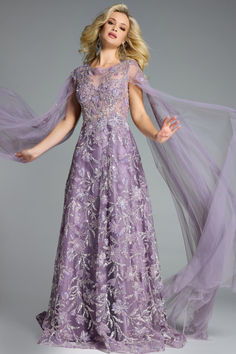 Jovani 43312 Elegant A-Line Gown With Floral Embroidery And Cape Sleeves