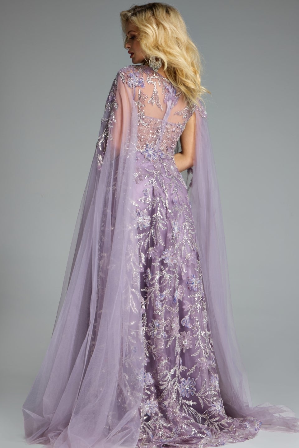 Jovani 43312 Elegant A-Line Gown With Floral Embroidery And Cape Sleeves