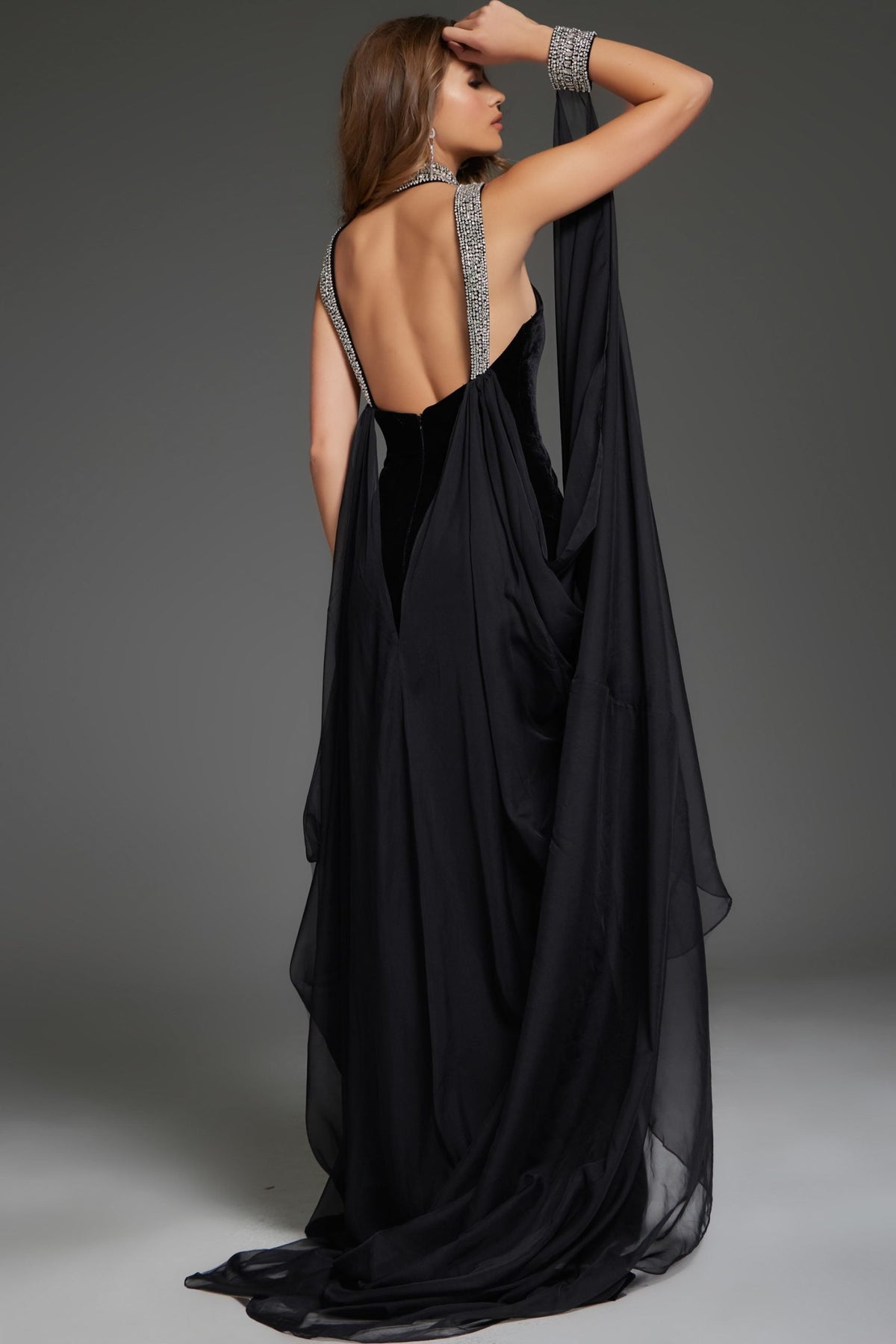 Jovani 43696 Sleek Halter Gown With Embellished Neckline
