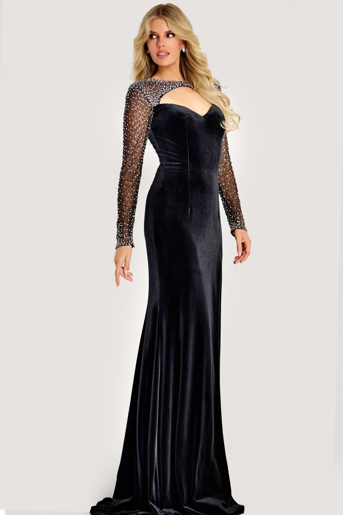 Jovani 44291 Velvet Long Sleeve Beaded Evening Gown
