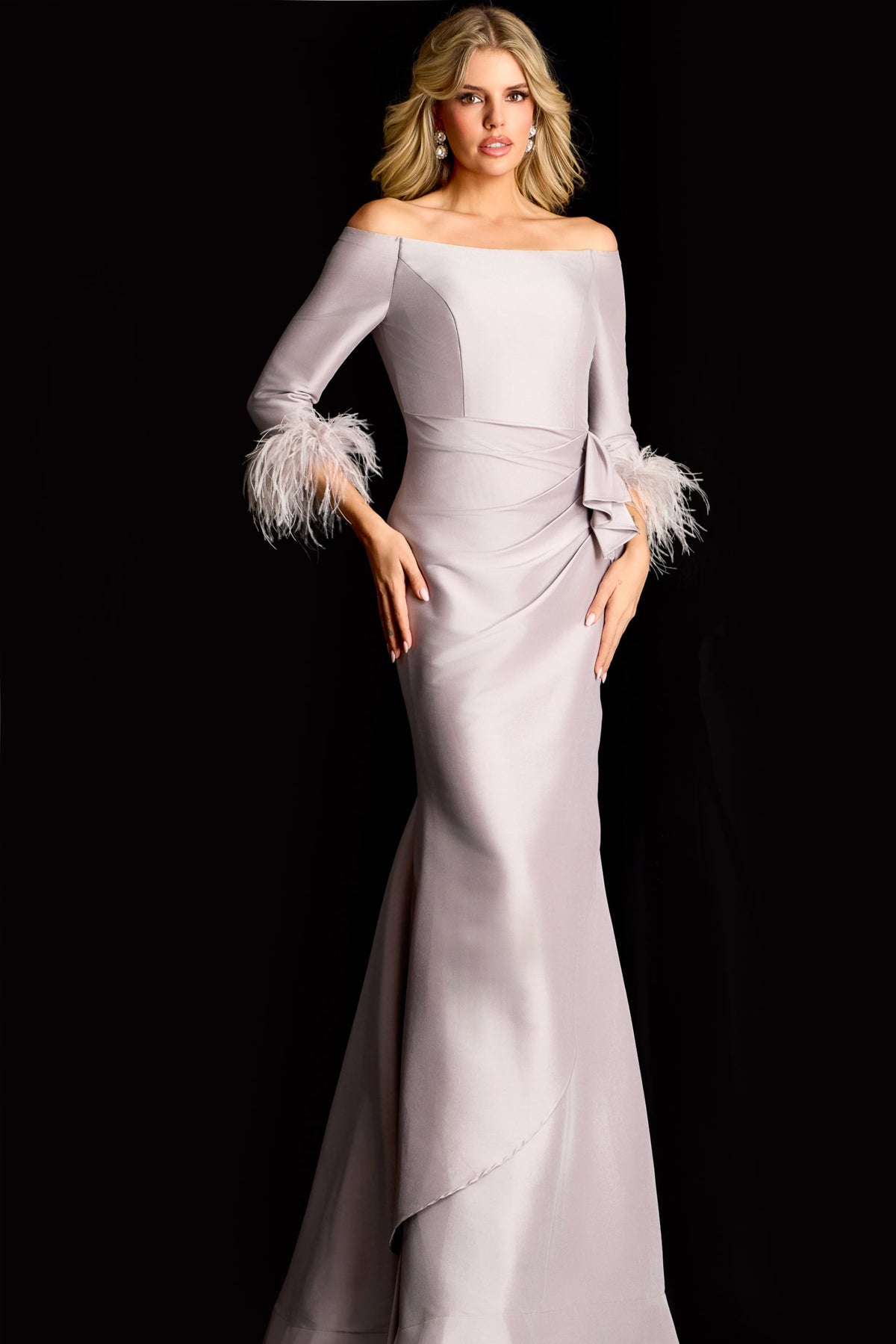 Jovani 45515 Off Shoulder Gown With Feather Cuffs