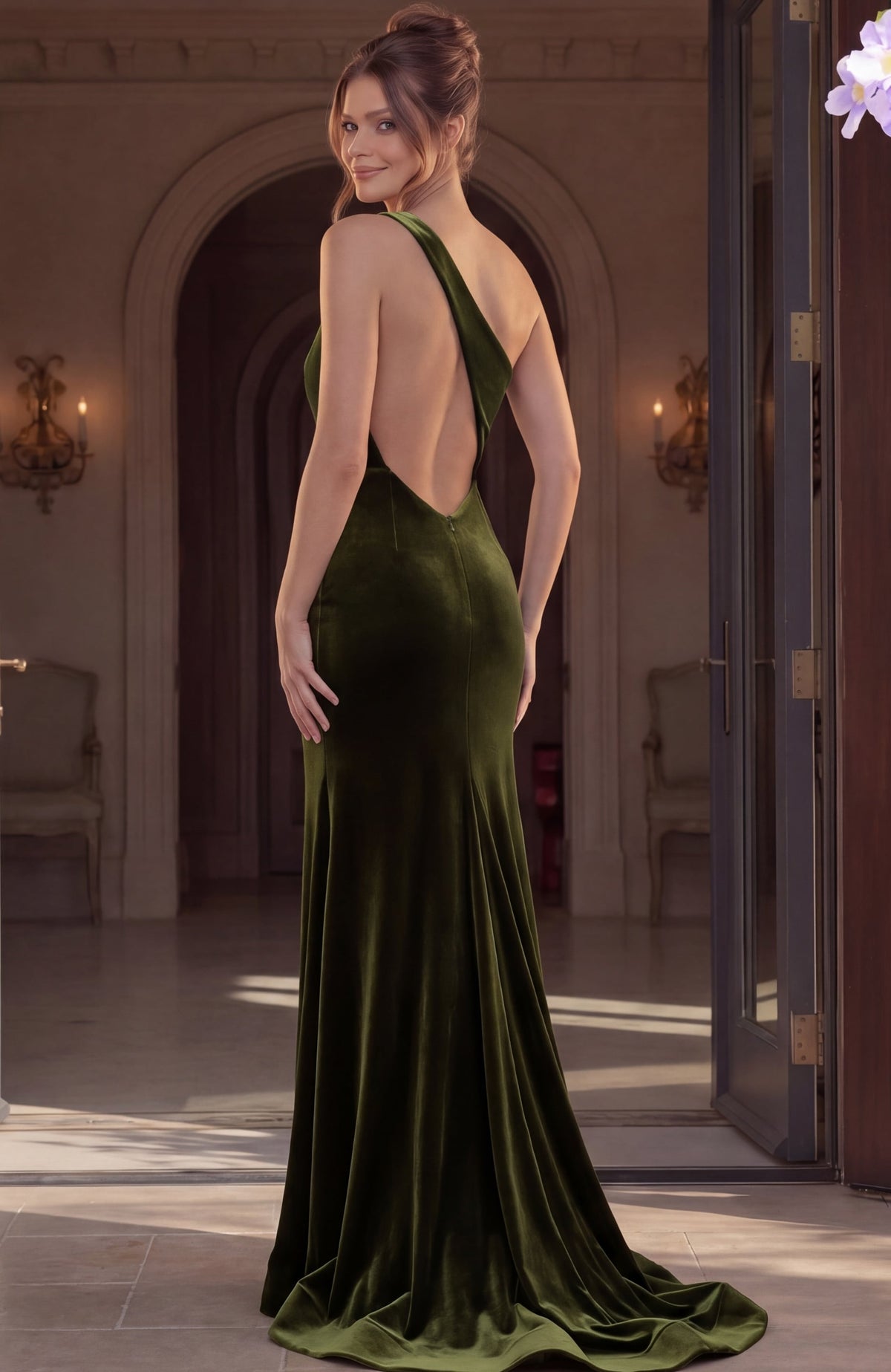 Jovani 45628 Velvet One Shoulder Gown With High Slit