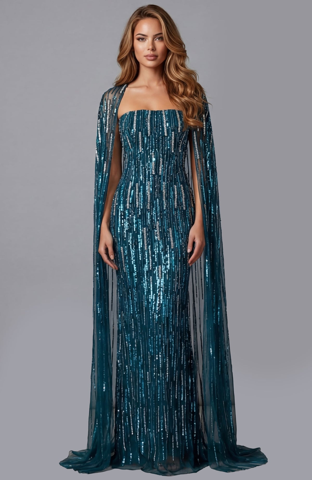 Jovani 46065 Sequin Column Gown With Sheer Cape Sleeves