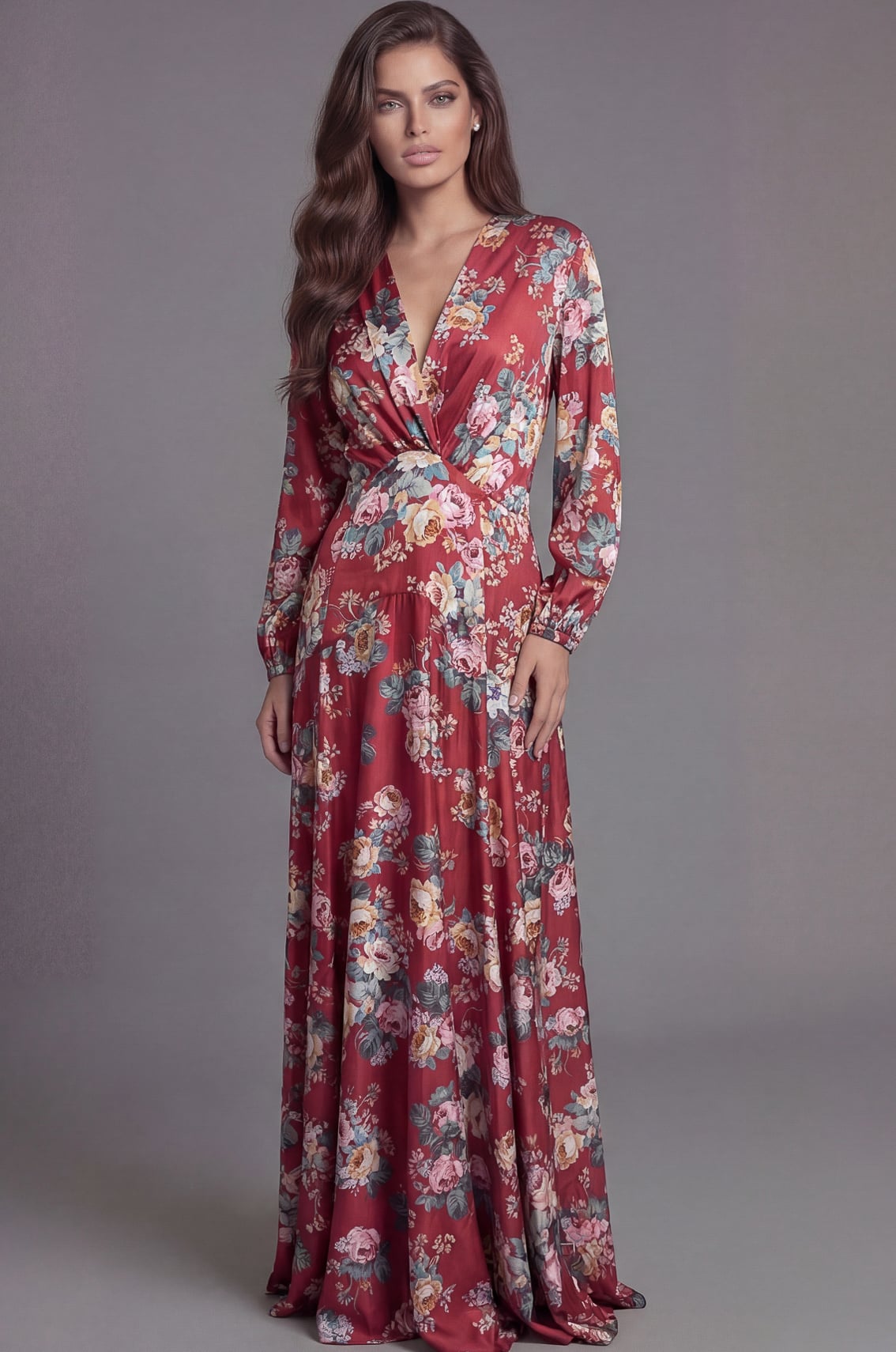 Jovani 46691 Floral Long Sleeve Maxi Dress With Twist Front Waist