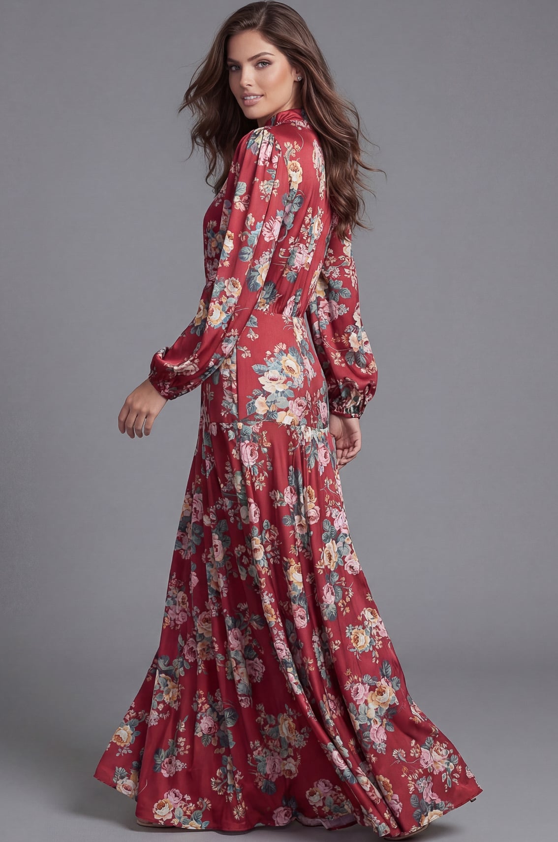 Jovani 46691 Floral Long Sleeve Maxi Dress With Twist Front Waist