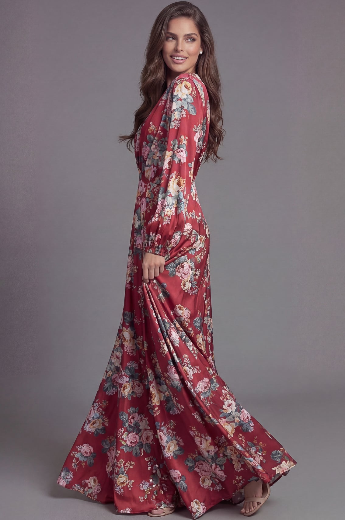 Jovani 46691 Floral Long Sleeve Maxi Dress With Twist Front Waist