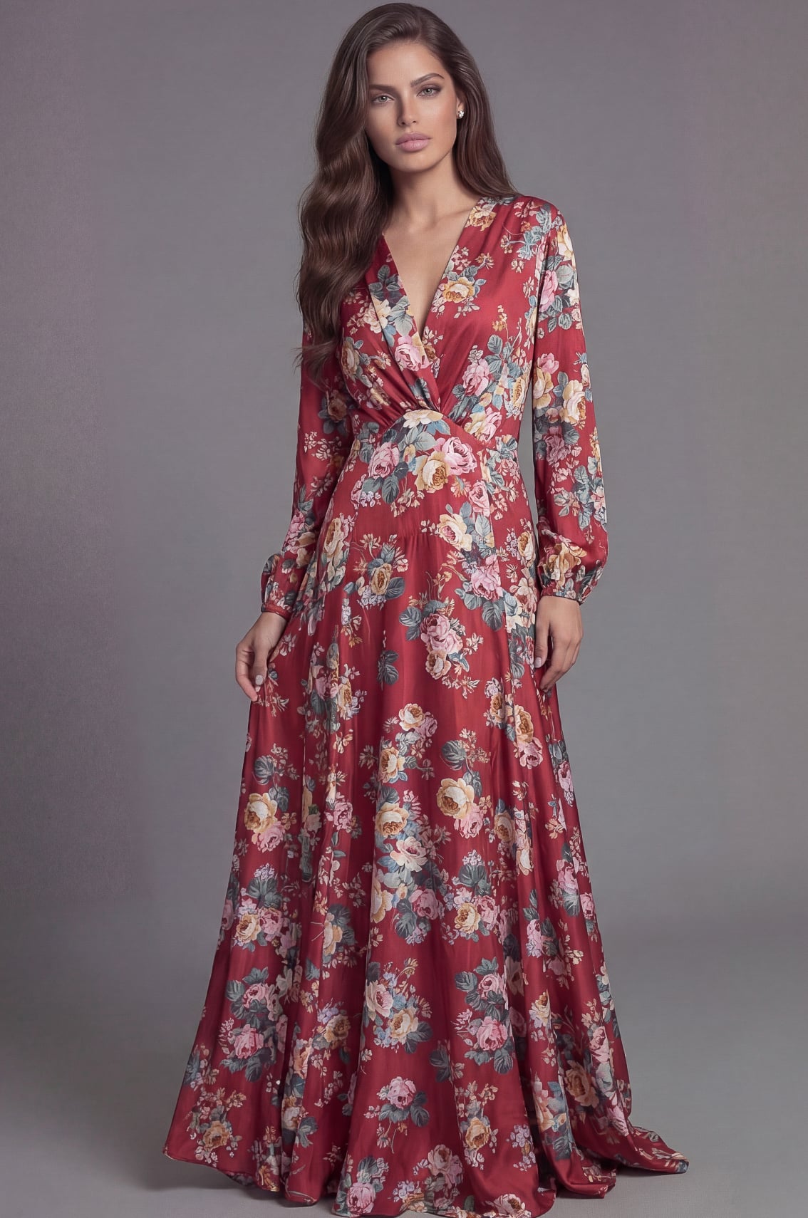Jovani 46691 Floral Long Sleeve Maxi Dress With Twist Front Waist
