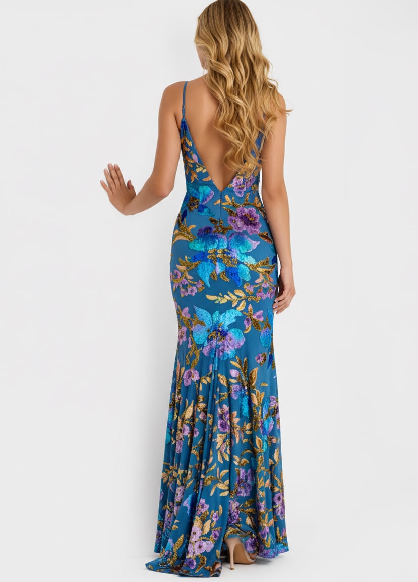 Jovani 47655 Floral Sequin V Neck Fitted Gown