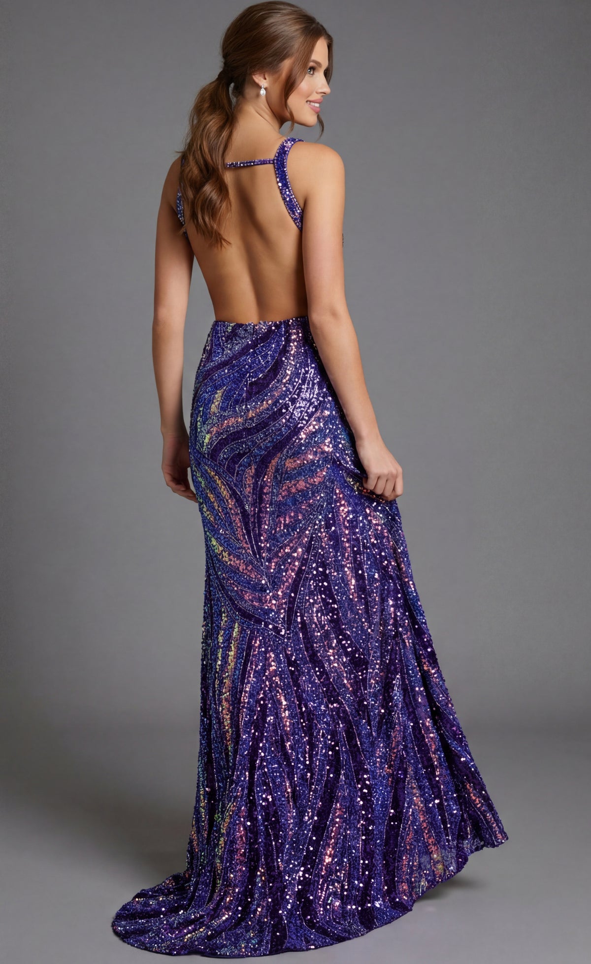 Jovani 47793 Deep V Purple Sequin Gown With Side Cutouts