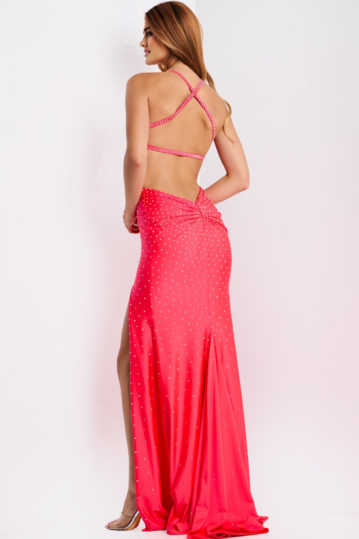 Jovani 48070 Hot Pink Rhinestone Prom Dress With Slit